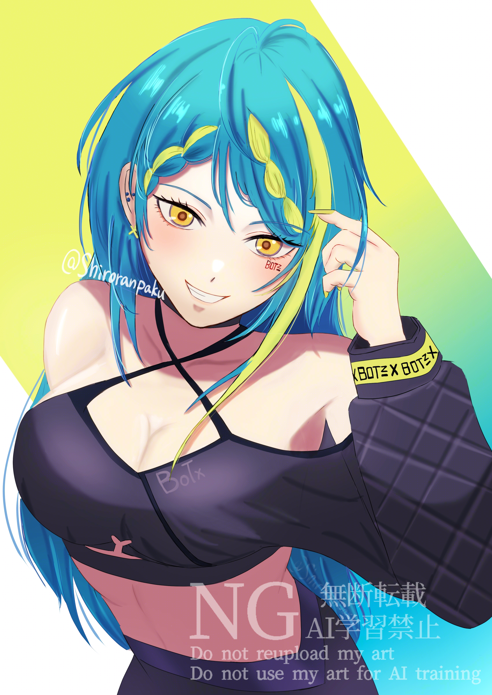 shiroranpaku, aotsuki remia, vspo!, vspo! en, absurdres, highres, 1girl, aqua hair, black bustier, blue hair, braid, braided bangs, bustier, chest strap, closed mouth, green streaks, hair between eyes, long hair, long sleeves, multicolored hair, see-through clothes, see-through midriff, smile, split-color clothes, streaked hair, virtual youtuber