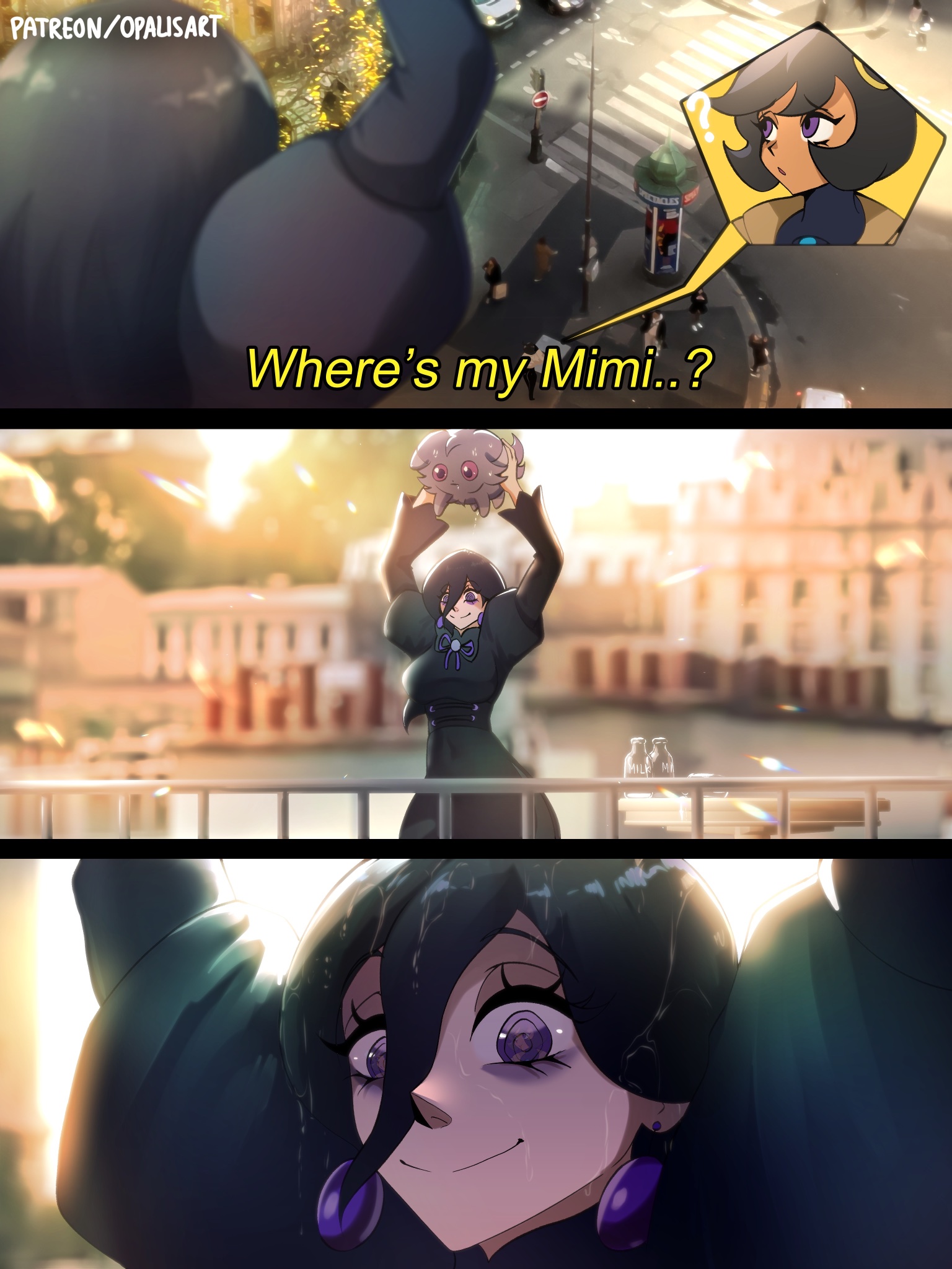 opalis, emma (pokemon), espurr, hex maniac (pokemon), hex maniac (pokemon legends: z-a), nintendo, pokemon, pokemon legends: z-a, commentary, english commentary, highres, bags under eyes, black bodysuit, black dress, black hair, bodysuit, bodysuit under clothes, bottle, breasts, brown jacket, colored sclera, cosplay, dark-skinned female, dark skin, dress, earrings, emma (pokemon) (cosplay), english text, eye reflection, gen 6 pokemon, grey fur, hair between eyes, holding, holding pokemon, jacket, jewelry, juliet sleeves, large breasts, large earrings, latex, latex bodysuit, long hair, long sleeves, milk bottle, neck ribbon, pokemon (creature), puffy sleeves, purple eyes, purple ribbon, purple sclera, reflection, ribbon, short hair, smile, sphere earrings