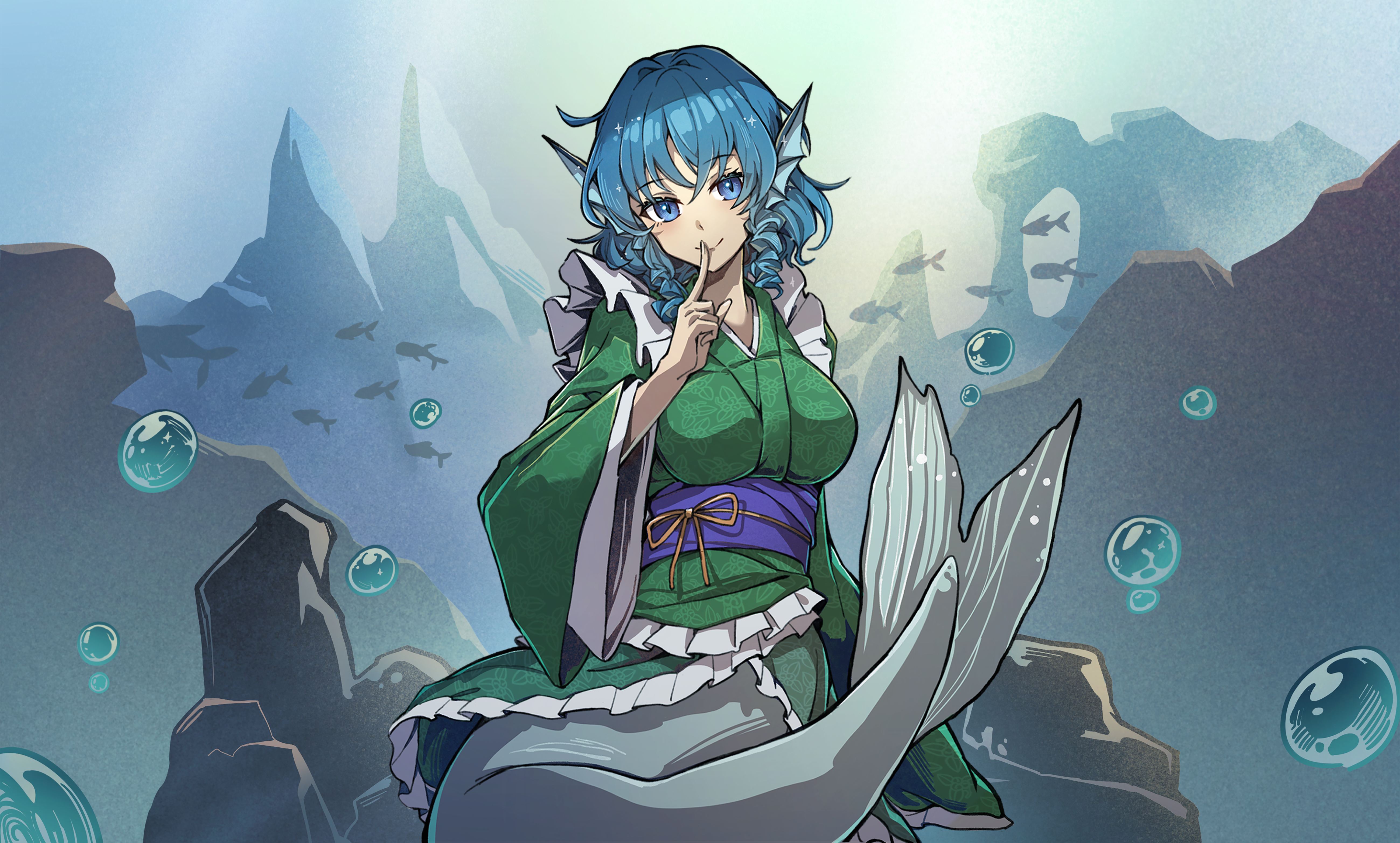 shishui guima, wakasagihime, touhou, absurdres, chinese commentary, highres, 1girl, air bubble, blue eyes, blue hair, breasts, bubble, finger to mouth, fins, fish, frilled kimono, frills, green kimono, head fins, japanese clothes, kimono, mermaid, monster girl, obi, obijime, rock, sash, solo, underwater