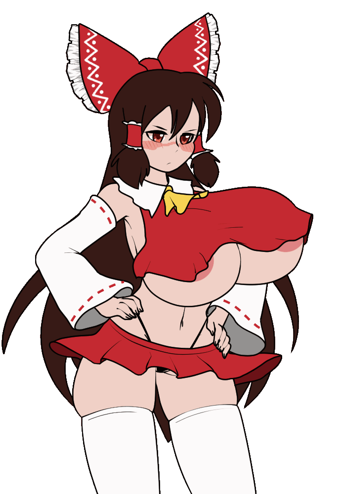 zedrin, hakurei reimu, touhou, animated, animated gif, looping animation, third-party edit, 1girl, adapted costume, areola slip, black panties, blush, bouncing breasts, bow, breasts, brown hair, closed mouth, cowboy shot, crop top, dancing, detached sleeves, hair bow, hands on own hips, huge breasts, long hair, long sleeves, midriff, navel, nipple slip, nipples, no bra, nontraditional miko, panties, pleated skirt, red eyes, red skirt, skindentation, skirt, solo, standing, thighhighs, thong, transparent background, underwear, white thighhighs
