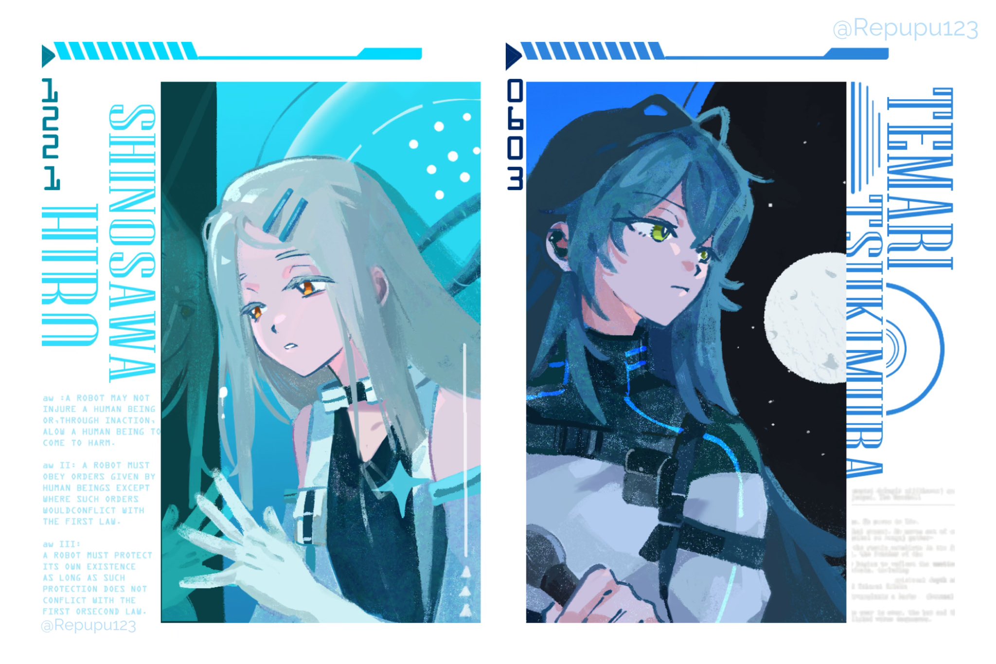 shinosawa hiro, tsukimura temari, gakuen idolmaster, idolmaster, commentary request, highres, 2girls, antenna hair, black dress, black shirt, black sky, character name, chest harness, closed mouth, colored eyelashes, dress, earpiece, elbow gloves, from side, gloves, green eyes, green hair, grey hair, grey shirt, hair ornament, hairclip, hand on window, harness, holding, holding microphone, looking ahead, looking outside, microphone, moon, multicolored shirt, multiple girls, orange eyes, parallel hairclips, parted lips, rakugakipurin, reflection, shirt, sky, star (sky), starry sky, swept bangs, three laws of robotics, turtleneck, turtleneck shirt, twitter username, upper body, white gloves, window