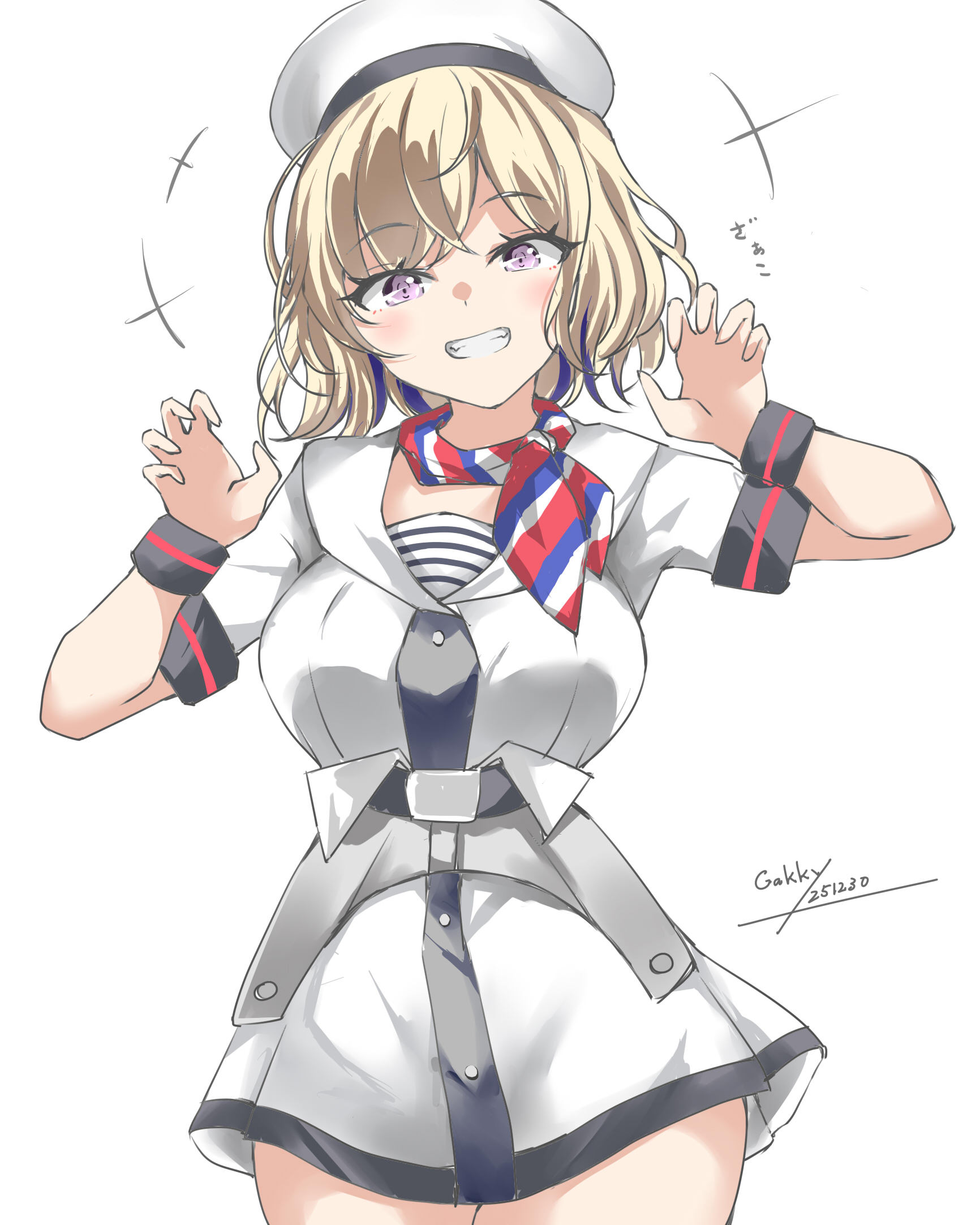 gakky, gloire (kancolle), kantai collection, highres, 1girl, artist name, beret, blonde hair, blue eyes, blue hair, breasts, colored inner hair, cowboy shot, dated, dress, hat, large breasts, looking at viewer, multicolored hair, neckerchief, one-hour drawing challenge, short dress, short hair, short sleeves, smile, solo, striped neckerchief, white background, white dress