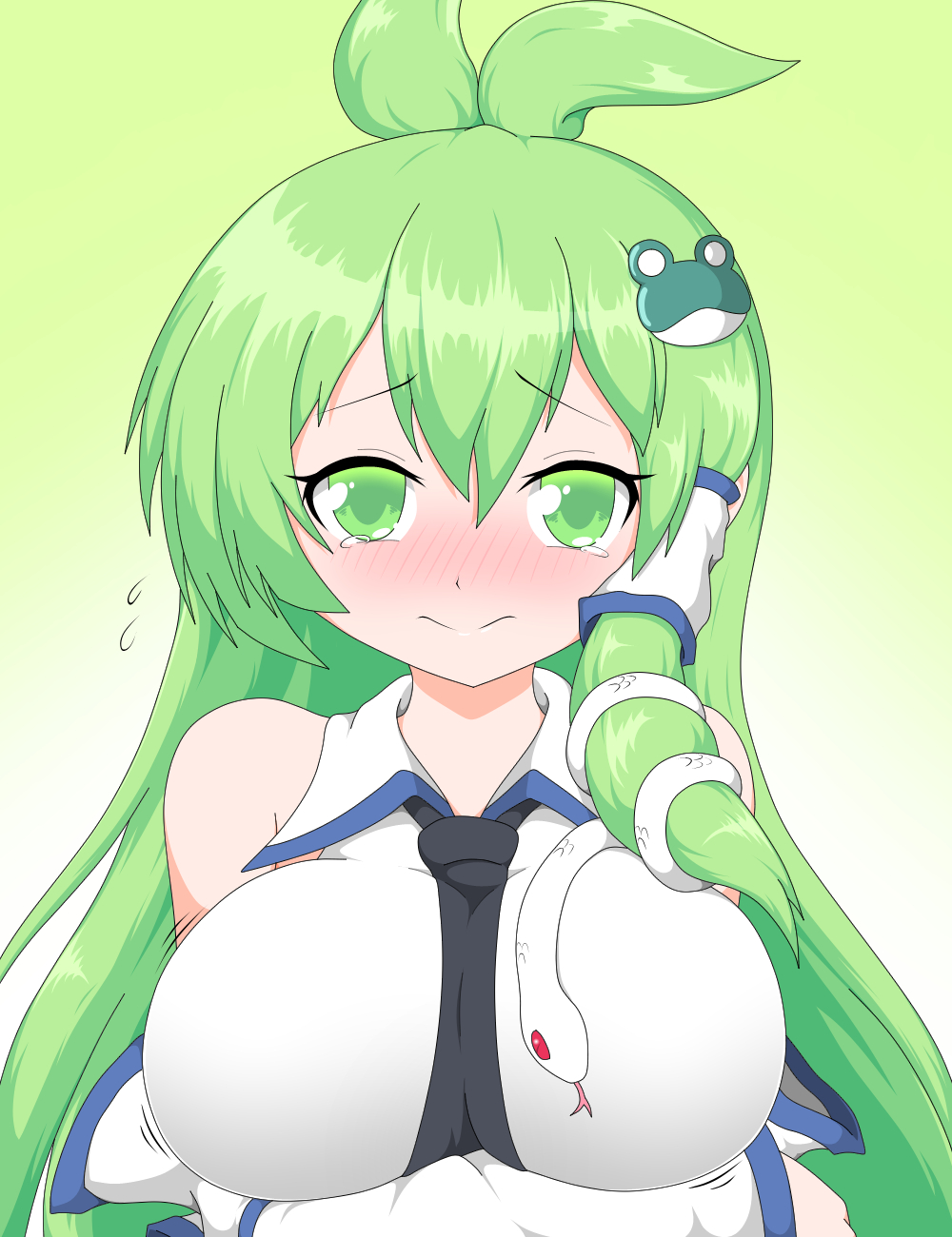 amauchi, kochiya sanae, touhou, commentary request, highres, 1girl, antenna hair, arm support, blush, breasts, detached sleeves, forked tongue, frilled sleeves, frills, frog hair ornament, green background, green eyes, green hair, hair ornament, hair tubes, japanese clothes, large breasts, long hair, looking at viewer, miko, nontraditional miko, red eyes, shirt, slit pupils, snake, snake hair ornament, solo, tears, tongue, white shirt, white snake