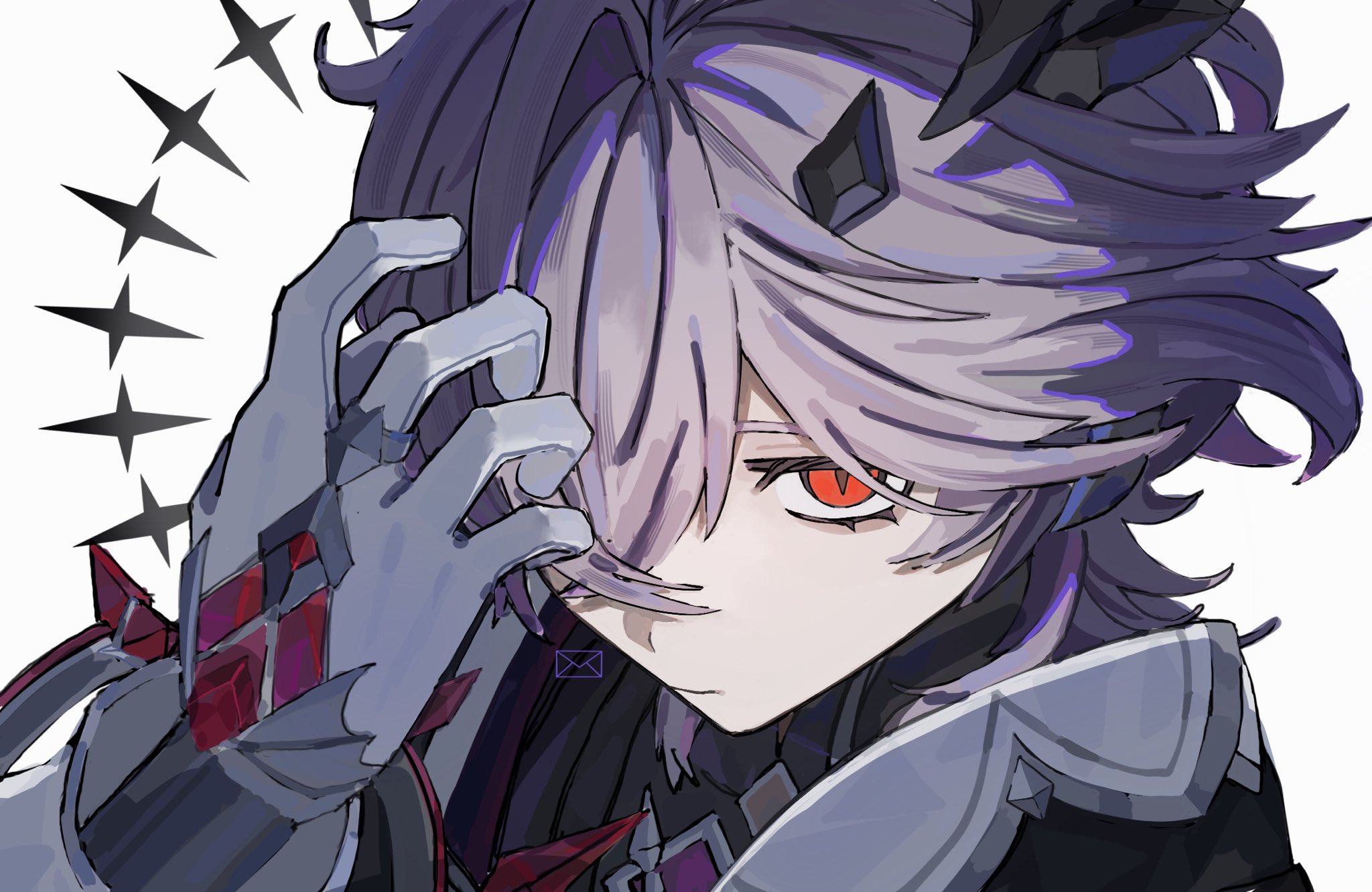 nnyyy71, durin (genshin impact), genshin impact, commentary request, highres, 1boy, arm up, black shirt, closed mouth, dragon boy, dragon horns, eyelashes, gloves, hair over one eye, horns, long sleeves, male focus, one eye covered, parted bangs, purple hair, shirt, sleeve cuffs, slit pupils, solo, white background, white gloves