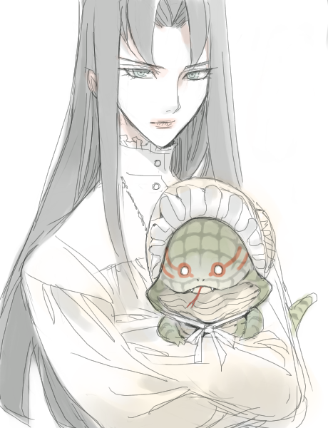 fineap, misty lola, reptilianne viper, yu-gi-oh!, yu-gi-oh! 5d's, 00s, 1girl, baby, black hair, duel monster, fangs, formal clothes, long hair, looking at viewer, monster, tongue