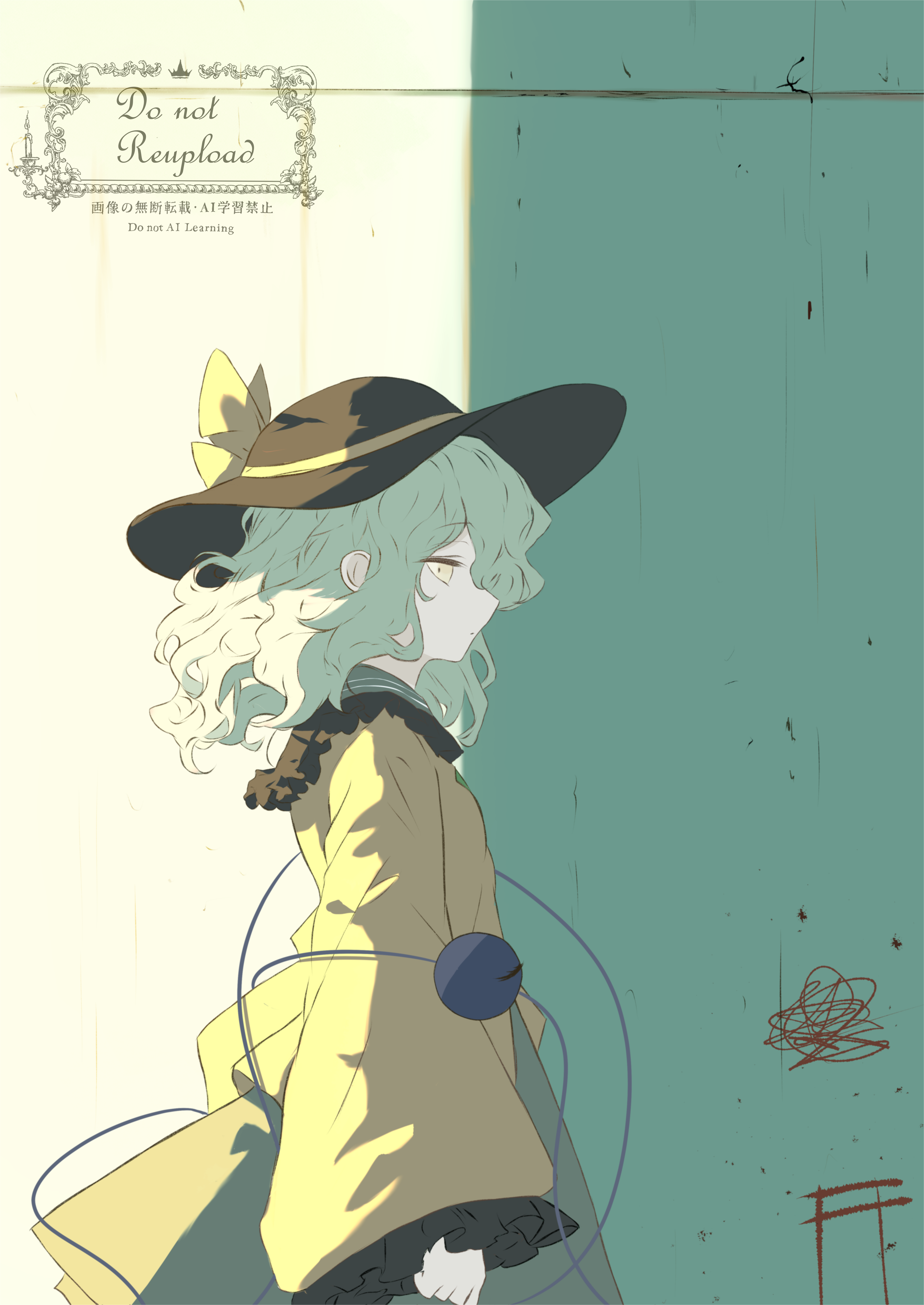 iris-san, komeiji koishi, touhou, absurdres, commentary request, highres, 1girl, arm at side, backlighting, black hat, bow, clenched hand, closed mouth, cowboy shot, dot mouth, expressionless, eyeball, fedora, frilled shirt collar, frilled sleeves, frills, from side, green background, green hair, hair between eyes, hat, hat bow, long sleeves, looking at viewer, medium hair, profile, shirt, sideways glance, simple background, solo, squiggle, sun hat, third eye, two-tone background, watermark, wavy hair, white background, wide sleeves, yellow bow, yellow eyes, yellow shirt