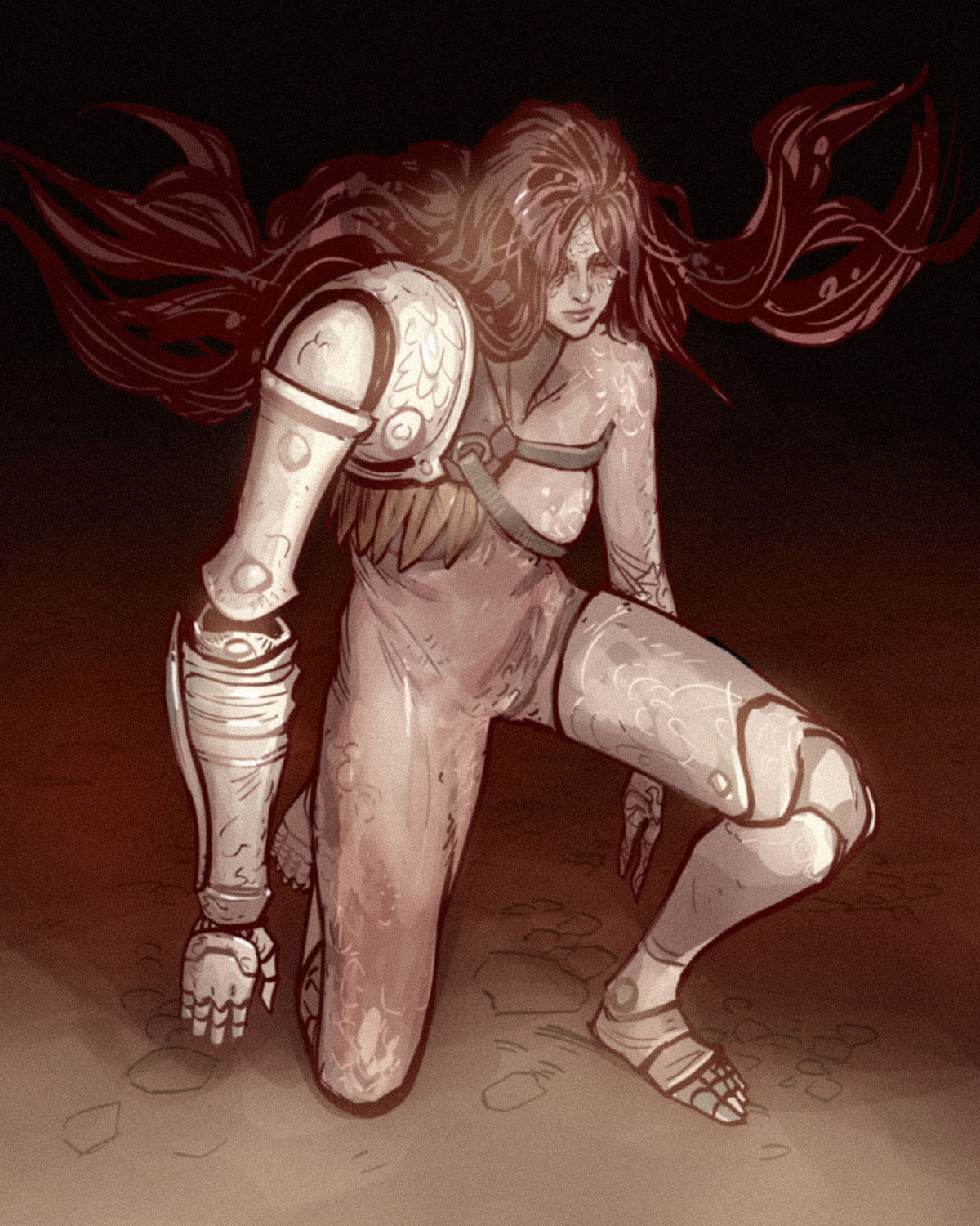 davecavedraws, malenia blade of miquella, malenia goddess of rot, elden ring, highres, 1girl, amputee, barefoot, closed eyes, long hair, mechanical arms, monochrome, on one knee, prosthesis, prosthetic arm, prosthetic leg, red hair, red theme, simple background, solo, strap, torn clothes, triple amputee, very long hair, wavy hair