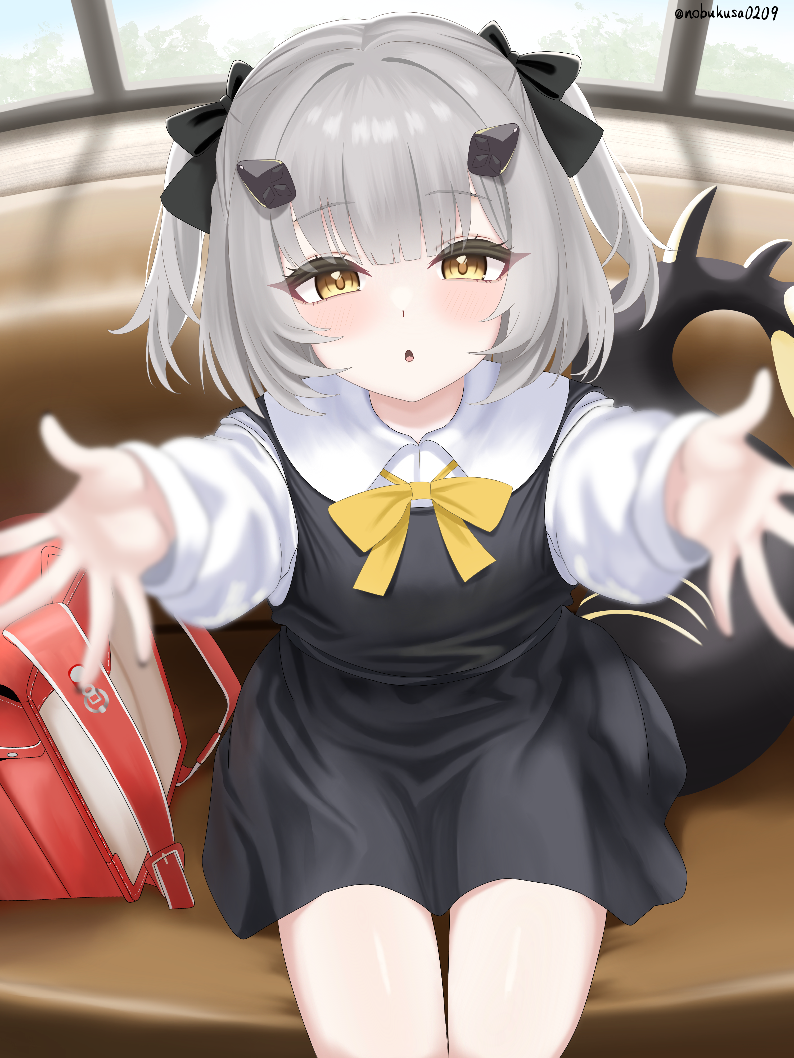 nobukusa0209, explorer (azur lane), siren (azur lane), azur lane, absurdres, commentary request, highres, 1girl, :o, black dress, black ribbon, blush, dress, from above, hair ribbon, headgear, indoors, looking at viewer, looking up, medium hair, outstretched arms, reaching, reaching towards viewer, ribbon, shirt, shirt under dress, sitting, solo, tail, white hair, white shirt, yellow eyes