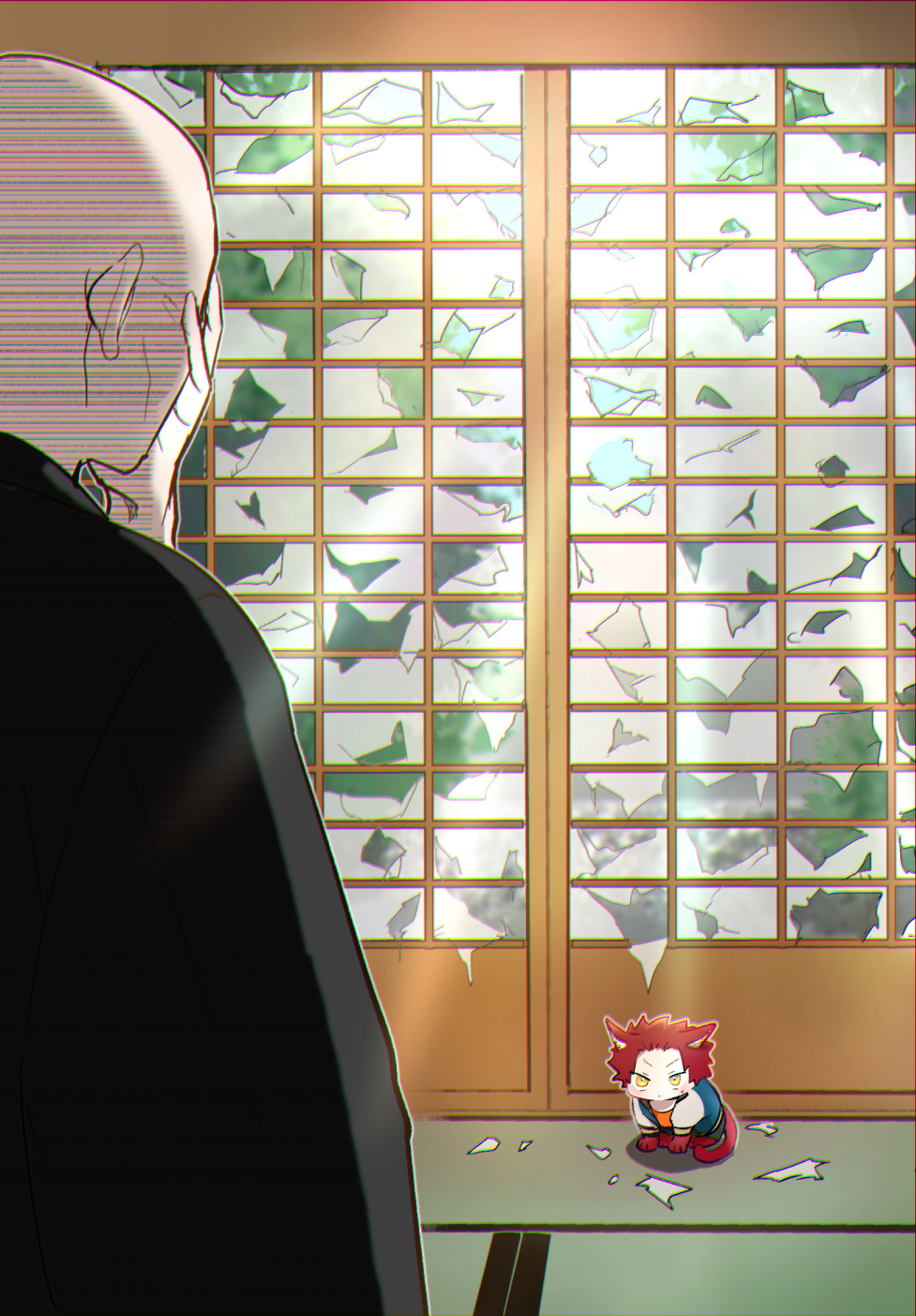 nbnekochan, harai kuko, hypnosis mic, commentary request, highres, 2boys, animal ears, animal feet, animal hands, bald, black kimono, cat ears, cat paws, cat tail, chromatic aberration, closed mouth, day, destruction, dot mouth, facepalm, father and son, from behind, fusion, hair slicked back, harai kuko (tdd era), harai shakku, indoors, japanese clothes, kemonomimi mode, kimono, light rays, looking at another, male focus, mature male, mini person, miniboy, multiple boys, on floor, outline, red hair, short hair, shouji, sitting, sliding doors, small sweatdrop, spiked hair, sunlight, tail, tatami, tsurime, v-shaped eyebrows, very short hair, white outline, wrinkled skin, yellow eyes