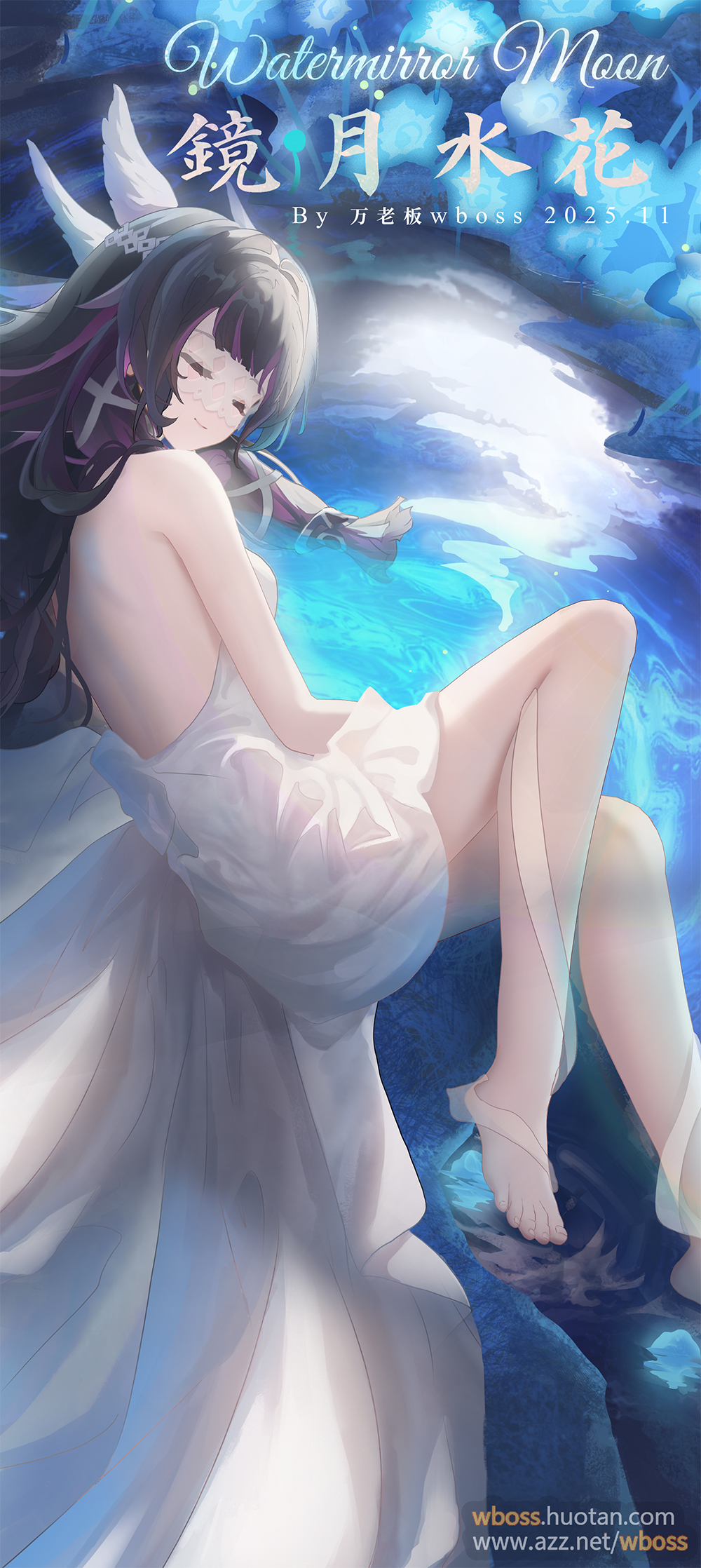 wboss, columbina (genshin impact), genshin impact, commentary, commentary request, english commentary, highres, mixed-language commentary, paid reward available, 1girl, artist name, backless dress, backless outfit, barefoot, black hair, blue flower, breasts, closed eyes, closed mouth, dated, dress, english text, flower, foot out of frame, long hair, medium breasts, multicolored hair, purple hair, ripples, smile, solo, toenails, toes, very long hair, water, watermark, web address, white dress