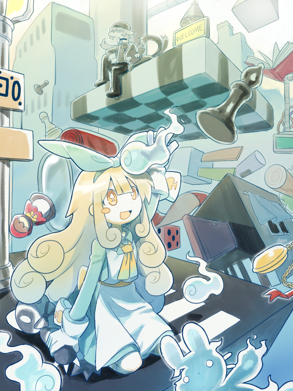 kokum0tsu, original, commentary, english commentary, 1girl, 1other, :d, bishop (chess), blonde hair, blue bow, blush stickers, book, bow, cat, chess piece, curly hair, dice, door, dot nose, dress, gloves, hair bow, heart, heart-shaped pupils, hitodama, lamppost, large bow, long hair, mismatched pupils, neckerchief, open mouth, pantyhose, pawn (chess), pocket watch, sitting, smile, spade-shaped pupils, spade (shape), stuffed animal, stuffed cat, stuffed toy, symbol-shaped pupils, watch, white gloves, white pantyhose, yellow neckerchief