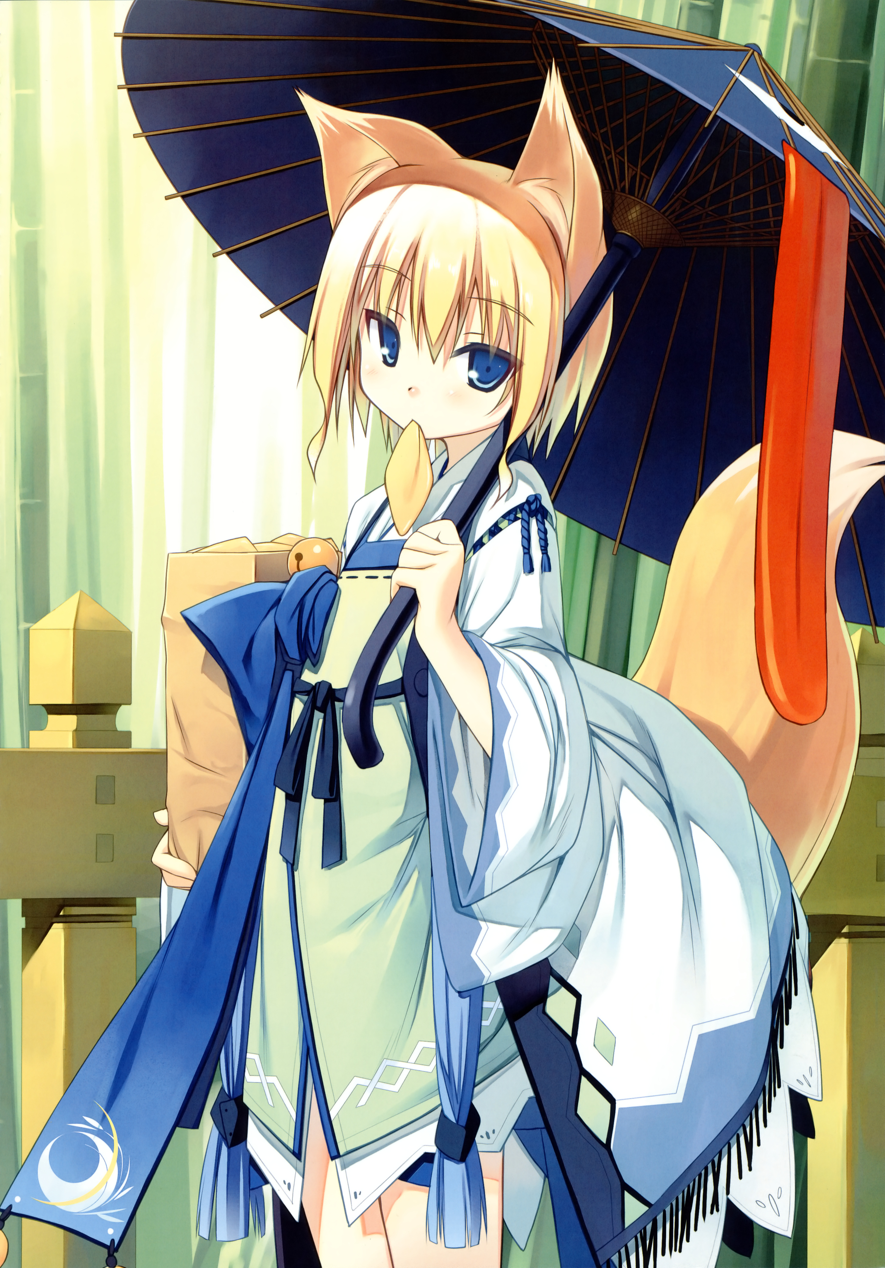 poco (asahi age), kitsune (poko), kuroino (poco), shiratama kitsune, original, absurdres, highres, 1girl, aburaage, animal ears, blonde hair, blue eyes, female focus, flat chest, food, fox ears, fox tail, japanese clothes, karakasa obake, mouth hold, oil-paper umbrella, solo, tail, umbrella