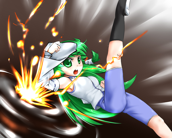 byoin, kochiya sanae, the rock (dwayne johnson), touhou, wwe, 1girl, detached sleeves, female focus, green eyes, green hair, long hair, matching hair/eyes, solo