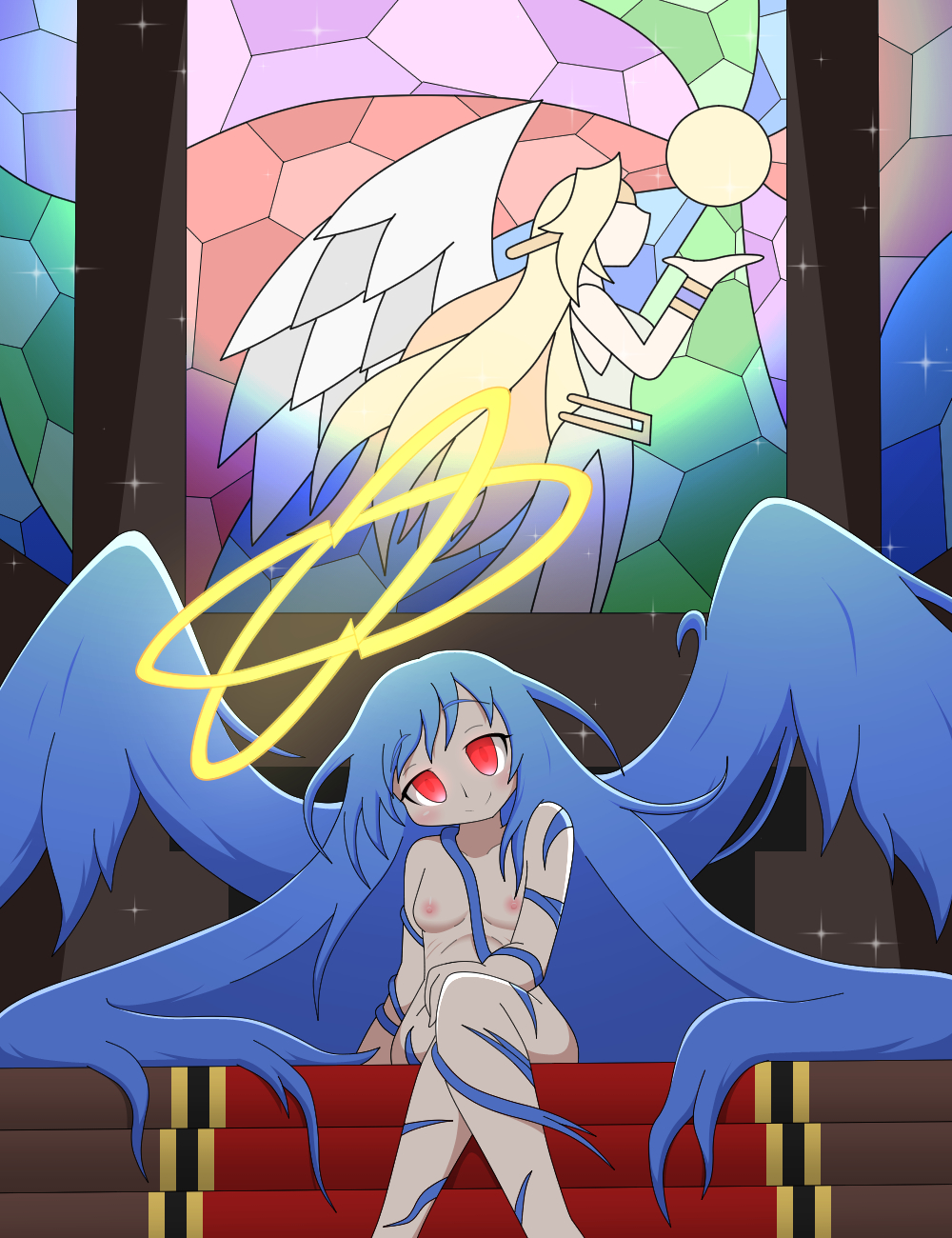 amauchi, ilias, mon-musu quest!, mon-musu quest: paradox, commentary request, highres, 1girl, angel, blue hair, breasts, crossed legs, distorted halo, double halo, fake wings, feet out of frame, hair wings, halo, head tilt, heriel (mon-musu quest!), indoors, light blush, light particles, light rays, long hair, looking at viewer, medium breasts, monster girl, nipples, nude, red eyes, sitting, sitting on stairs, smile, solo, sparkle, stained glass, stairs, very long hair, window, wings, yellow halo