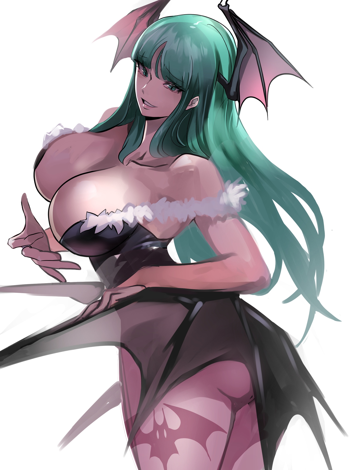 meke (77842928), morrigan aensland, darkstalkers, highres, 1girl, animal print, ass peek, backlighting, bat print, blunt bangs, breasts, cleavage, cowboy shot, demon girl, demon wings, fur-trimmed leotard, fur trim, green eyes, green hair, grin, hand on own wing, head wings, large breasts, leotard, long hair, looking at viewer, open mouth, pantyhose, purple leotard, purple pantyhose, smile, solo, strapless, strapless leotard, wing wrap, wings