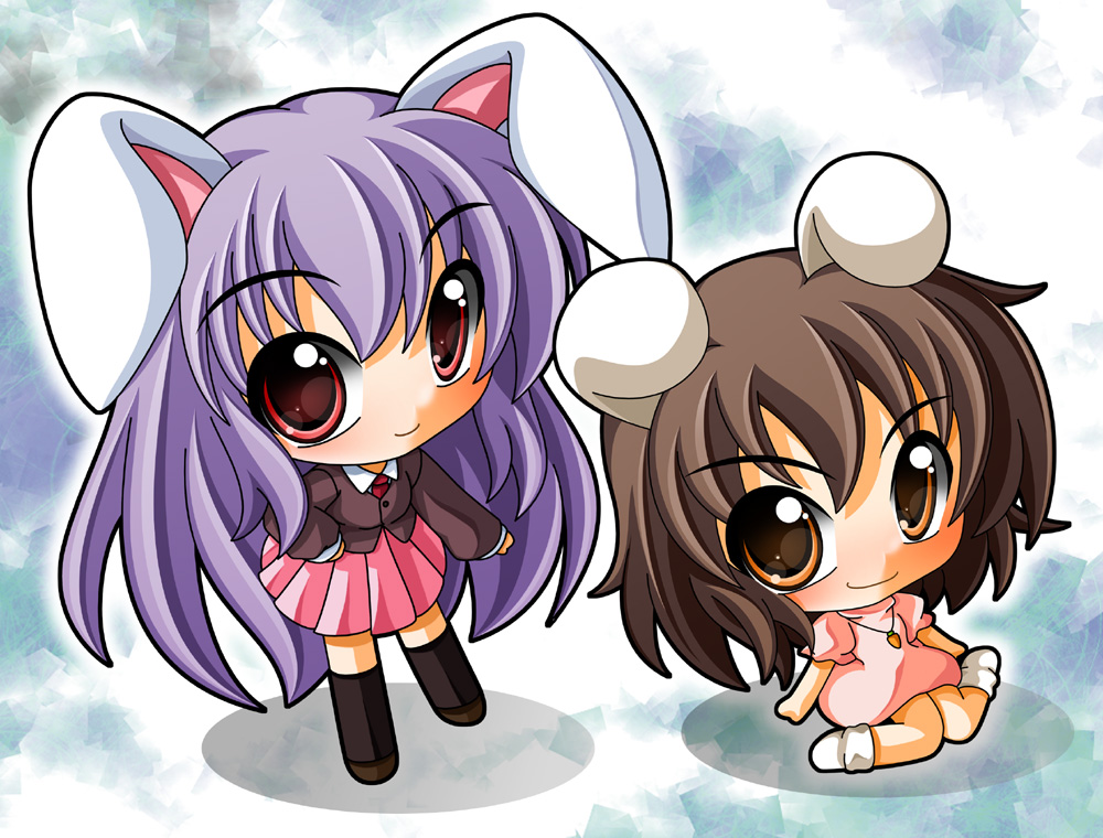 shinjitsu, inaba tewi, reisen udongein inaba, touhou, bad id, bad pixiv id, 2girls, animal ears, blazer, brown hair, carrot, carrot necklace, chibi, dress, female focus, jacket, jewelry, multiple girls, necklace, necktie, orange eyes, pendant, purple hair, rabbit ears, red eyes, skirt, socks