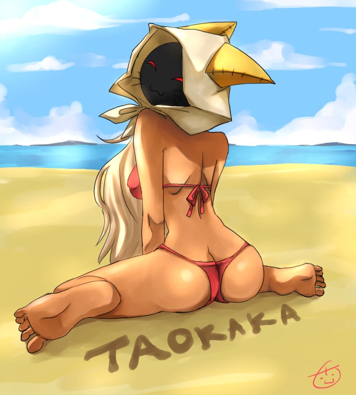 rayno, taokaka, arc system works, blazblue, 1girl, :3, animal ears, artistic error, ass, barefoot, beach, bikini, blonde hair, butt crack, cat ears, character name, dark-skinned female, dark skin, day, feet, female focus, no tail, outdoors, red eyes, soles, solo, swimsuit