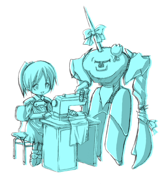 nakarai mako, bokurano, uniform, 1girl, aqua theme, chibi, flower, long hair, mecha, monochrome, ponytail, ribbon, robot, sewing, sewing machine, simple background, white background