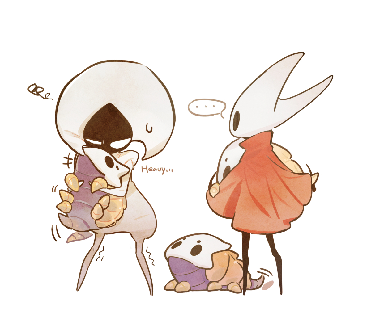 wraith615, hornet (hollow knight), lace (hollow knight), hollow knight, hollow knight: silksong, …, animal, arthropod girl, beastling (hollow knight), biting, black eyes, black skin, blank eyes, bodysuit, chewing, cloak, colored skin, from behind, full body, hat, holding, holding animal, hollow eyes, horned mask, looking at another, looking up, mask, no humans, puffy sleeves, red cloak, spoken ellipsis, standing, white bodysuit, white eyes, white hat, white mask