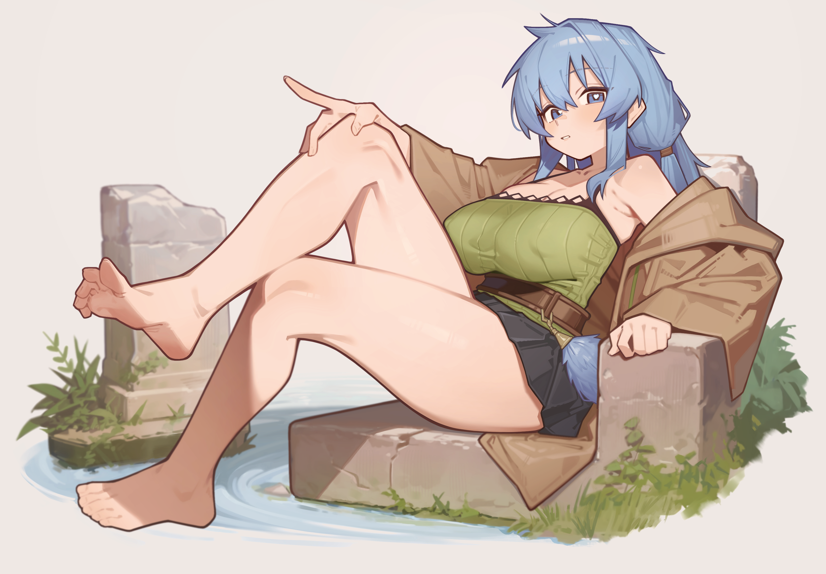 wepwawet, eria (yu-gi-oh!), eria the water charmer, yu-gi-oh!, absurdres, commentary, commission, highres, pixiv commission, symbol-only commentary, 1girl, bare legs, barefoot, blue eyes, blue hair, breasts, brown robe, duel monster, feet, foot focus, full body, green shirt, heart, heart-shaped pupils, large breasts, long hair, looking at viewer, outdoors, parted lips, presenting foot, robe, shirt, sitting, skirt, soles, solo, symbol-shaped pupils, toes
