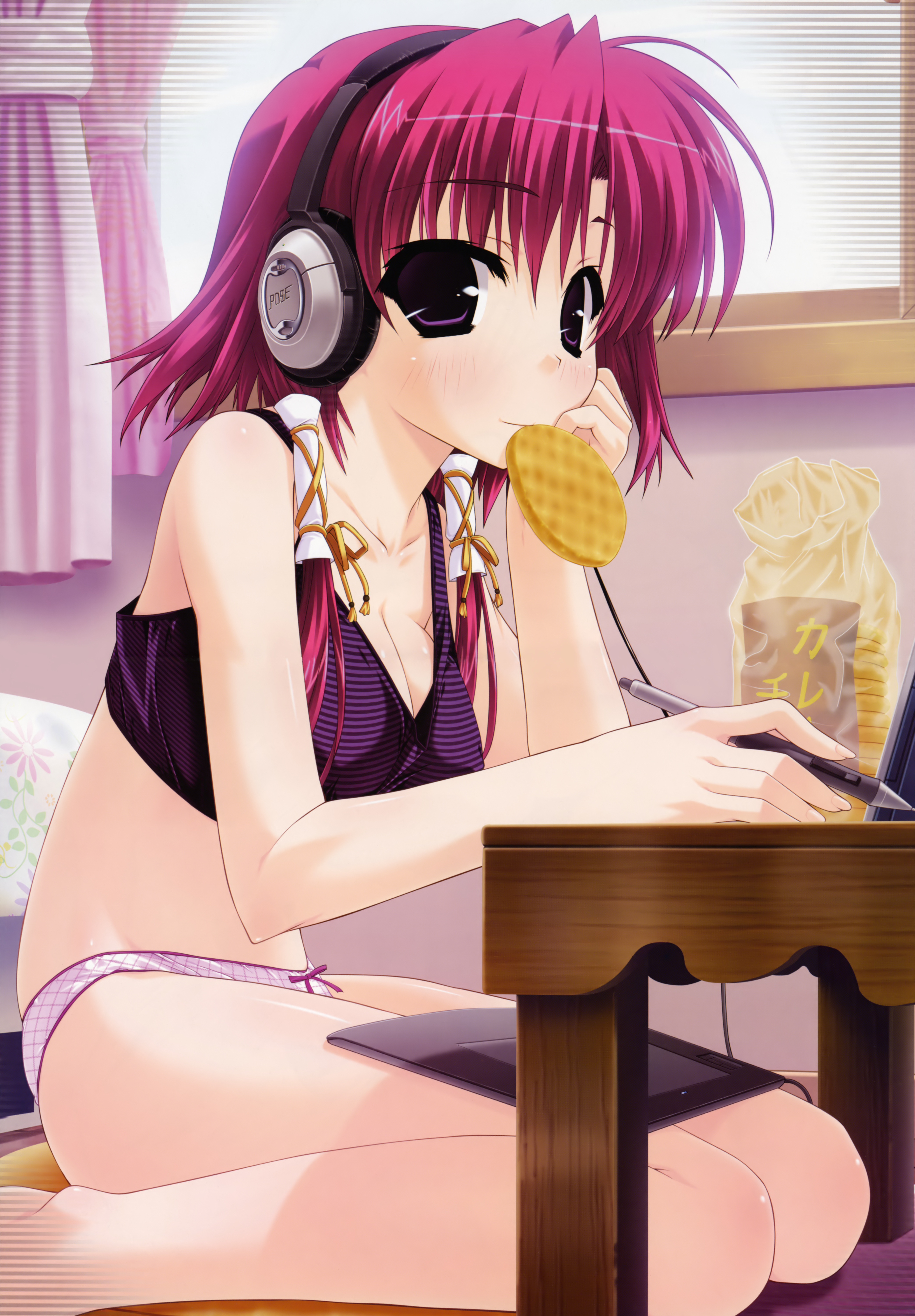 shintarou, hitotsubashi kanna, amatsu misora ni!, wacom, absurdres, highres, non-web source, 1girl, barefoot, blush, bow, bow panties, bra, breasts, checkered clothes, checkered panties, cleavage, drawing tablet, eating, female focus, food, hair ribbon, headphones, indoors, kneeling, lingerie, mouth hold, panties, pink hair, plaid clothes, plaid panties, purple eyes, red hair, ribbon, short hair, sitting, solo, striped bra, striped clothes, stylus, table, underwear, underwear only, waffle, window