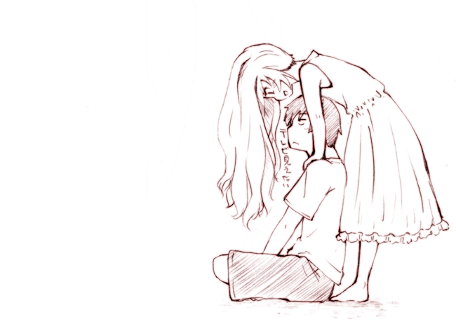 sakaki soshi, aisaka taiga, takasu ryuuji, toradora!, translated, 00s, 1boy, 1girl, barefoot, couple, dress, hetero, long hair, monochrome, purple theme, smile, sundress