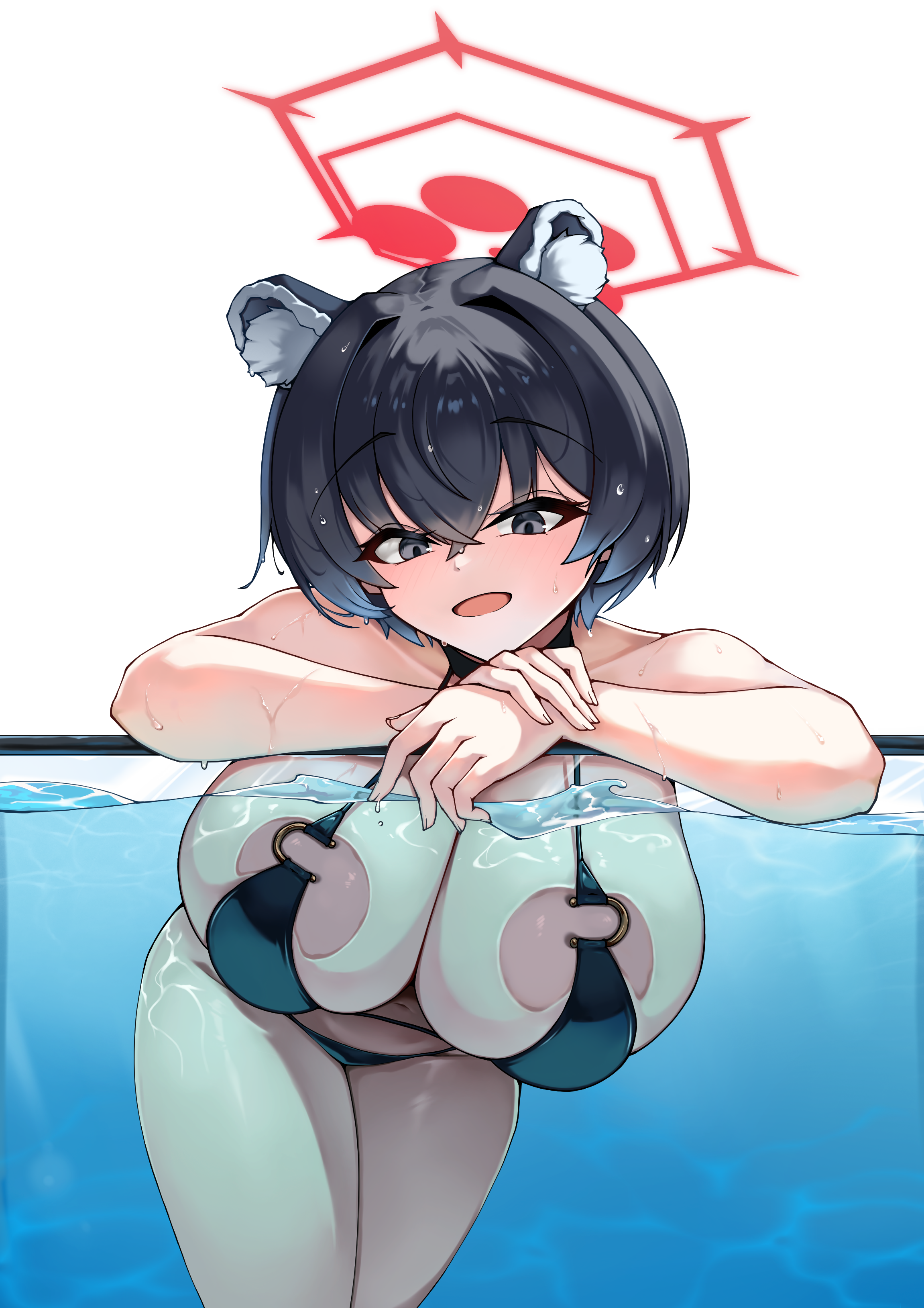 beetleasd, tsubaki (blue archive), blue archive, absurdres, highres, 1girl, against glass, animal ear fluff, animal ears, bikini, black bikini, black eyes, black hair, breast press, breasts, breasts on glass, florida bikini, hair between eyes, halo, huge breasts, open mouth, partially submerged, red halo, solo, string bikini, swimsuit, white background
