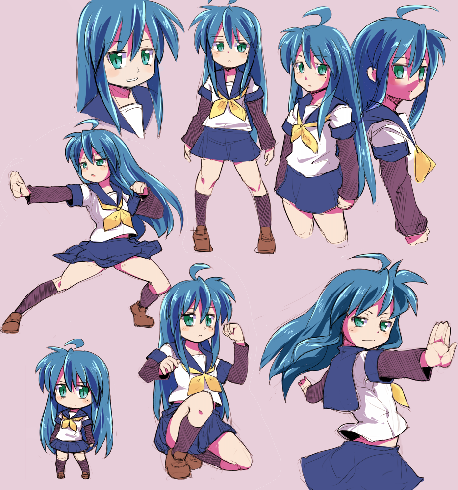 haiteku, izumi konata, lucky star, 00s, 1girl, ahoge, blue hair, fighting stance, green eyes, long hair, long sleeves, miniskirt, mole, mole under eye, school uniform, serafuku, skirt, socks