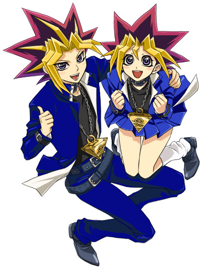 muto yugi, yami yugi, yu-gi-oh!, yu-gi-oh! duel monsters, gender request, 1boy, 1girl, belt, chain, collar, colored bangs, dual persona, genderswap, happy, jewelry, jumping, millennium puzzle, pendant, school uniform, socks, thumbs up