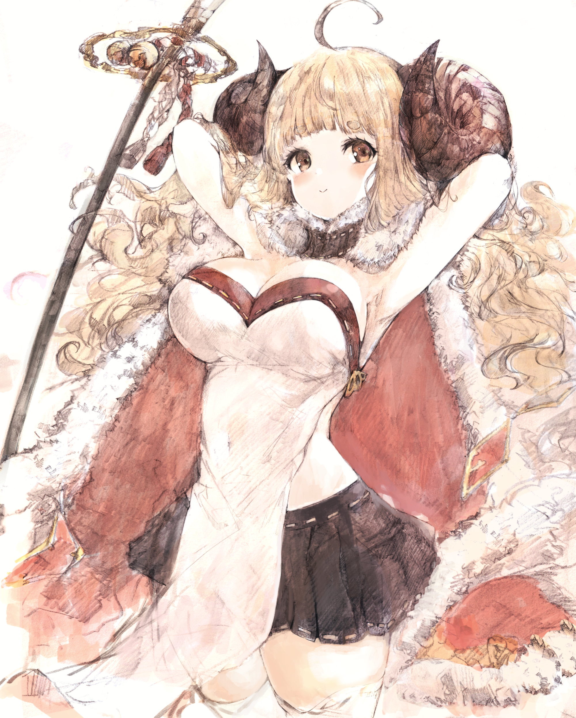 tsutsugano, anila (granblue fantasy), granblue fantasy, absurdres, highres, 1girl, ahoge, blonde hair, blush, breasts, cape, covered navel, curled horns, draph, fur-trimmed cape, fur trim, horns, large breasts, long hair, miniskirt, navel, polearm, red cape, sheep horns, skirt, smile, solo, thighhighs, very long hair, weapon, white thighhighs, yellow eyes, zettai ryouiki