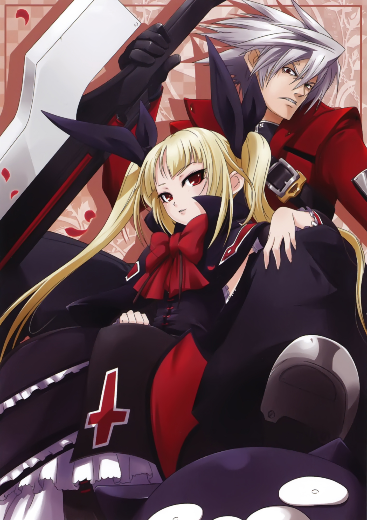 mori toshimichi, nago, rachel alucard, ragna the bloodedge, arc system works, blazblue, blazblue: calamity trigger, highres, official art, 1boy, 1girl, blonde hair, bow, frills, grey hair, hair ribbon, red bow, red eyes, ribbon, sword, twintails, weapon