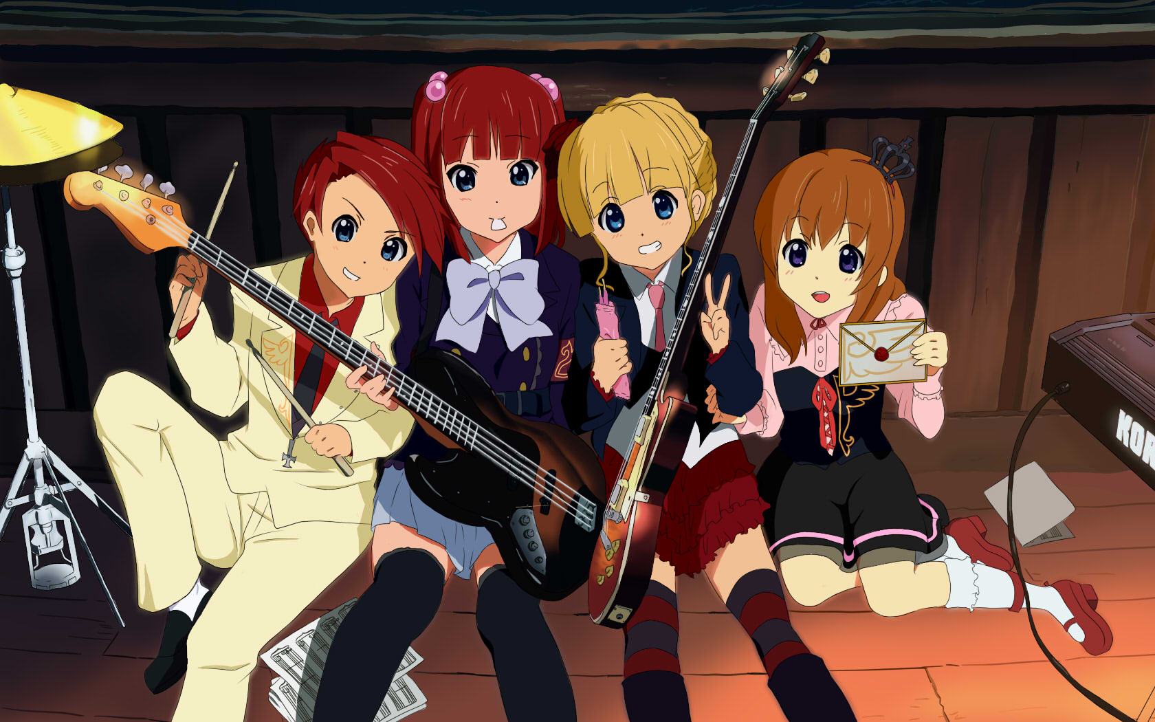 beatrice (umineko), ushiromiya ange, ushiromiya battler, ushiromiya maria, k-on!, umineko no naku koro ni, highres, 1boy, 3girls, blonde hair, blue eyes, brown hair, formal clothes, guitar, hair bobbles, hair ornament, instrument, letter, multiple girls, parody, red hair, suit, v