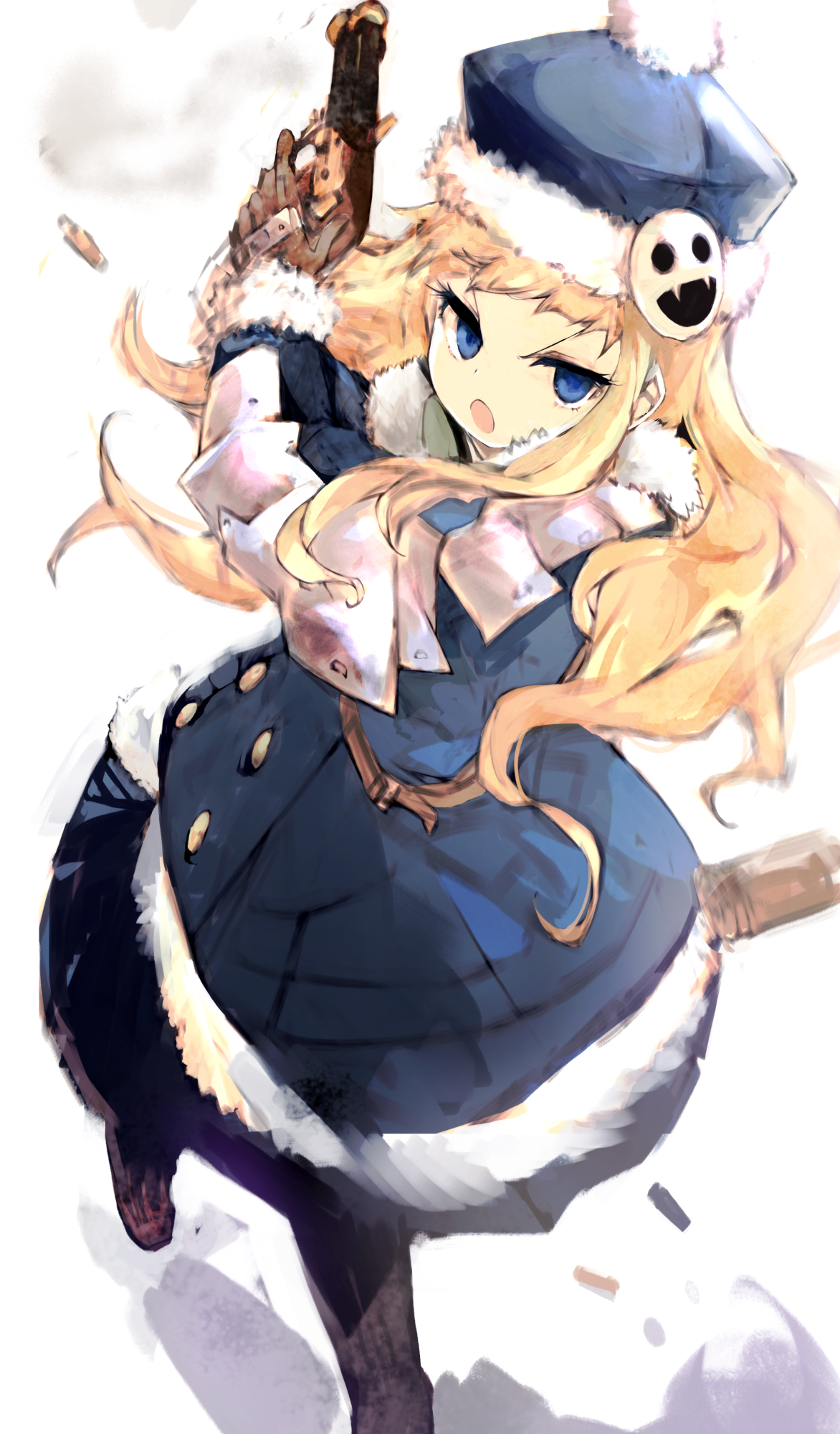 tsutsugano, gunner (sekaiju), gunner 2 (sekaiju), jack frost (megami tensei), etrian odyssey, sekaiju no meikyuu, sekaiju no meikyuu 2, highres, 1girl, armor, blonde hair, blue dress, blue eyes, boots, coat, dress, fur-trimmed headwear, fur-trimmed sleeves, fur trim, gloves, gun, handgun, hat, holding, holding gun, holding weapon, long hair, looking at viewer, multiple-barrel gun, shell casing, solo, weapon