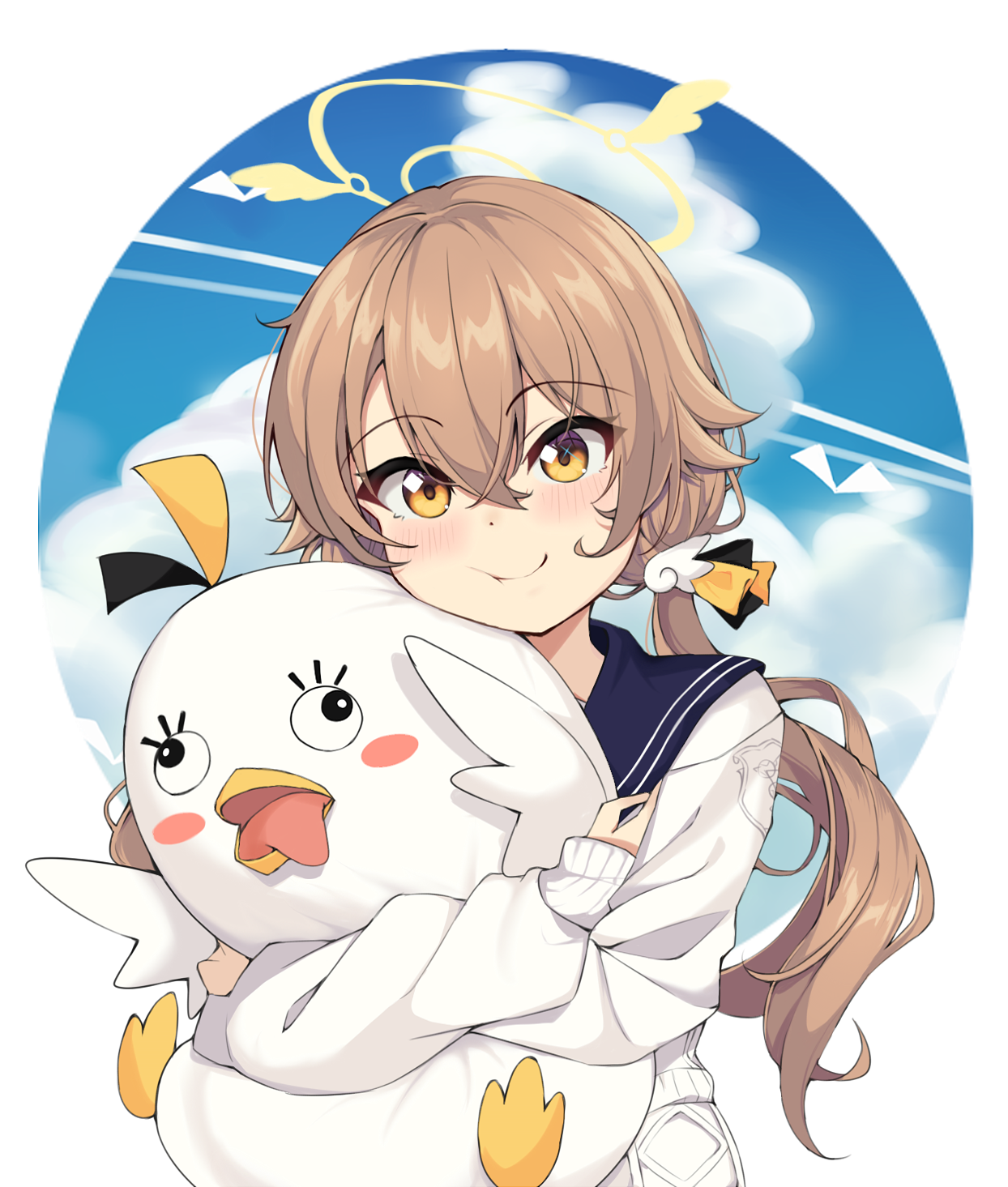 ray (rays 26), hifumi (blue archive), blue archive, bilingual commentary, commentary, english commentary, highres, mixed-language commentary, 1girl, :t, black ribbon, blue sailor collar, blush, brown hair, closed mouth, crossed arms, crossed bangs, hair between eyes, hair ornament, hair ribbon, halo, happy, holding, holding stuffed toy, long hair, long sleeves, looking at viewer, low twintails, orange eyes, ribbon, sailor collar, school uniform, serafuku, simple background, sleeves past wrists, smile, solo, stuffed animal, stuffed duck, stuffed toy, sweater, twintails, upper body, white background, white sweater, wing hair ornament, yellow halo, yellow ribbon