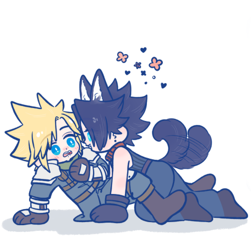 105zz, cloud strife, zack fair, crisis core: final fantasy vii, final fantasy, final fantasy vii, 2boys, animal collar, animal ears, aqua eyes, armor, bare shoulders, black boots, black gloves, black hair, blonde hair, blue eyes, blue pants, blue shirt, blush, boots, collar, dog boy, dog ears, dog tail, flower, full body, gloves, green scarf, hand on own chest, kemonomimi mode, looking at another, male focus, multiple boys, open mouth, pants, parted bangs, pink flower, scarf, shirt, short hair, shoulder armor, sleeveless, sleeveless turtleneck, smile, spiked hair, suspenders, tail, tail wagging, turtleneck, wavy mouth, white background, yaoi