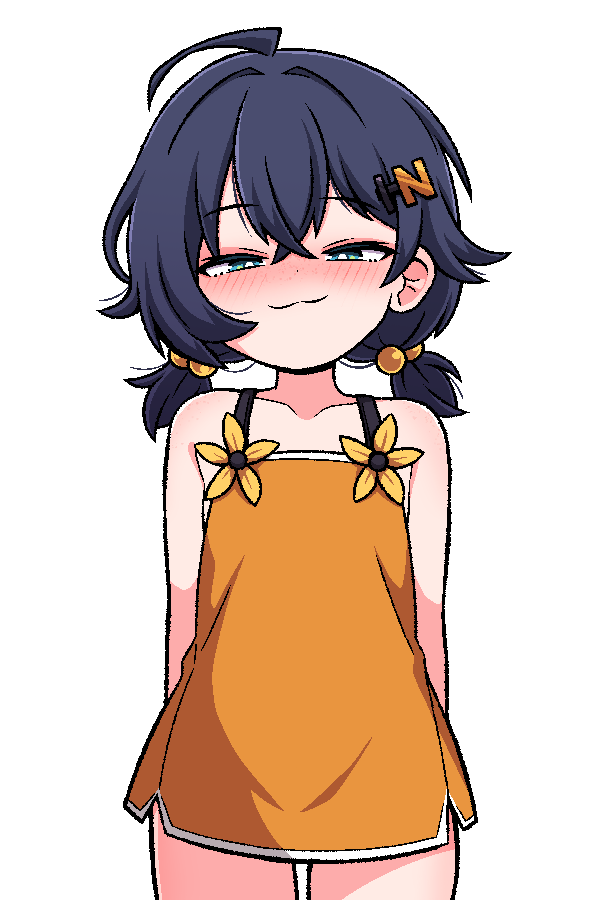 ink (inksgirls), belle (zenless zone zero), zenless zone zero, 1girl, aged down, ahoge, arms behind back, bare shoulders, blue hair, blush, dress, green eyes, looking at viewer, low twintails, orange dress, short dress, short hair, smile, smug, solo, twintails, white background