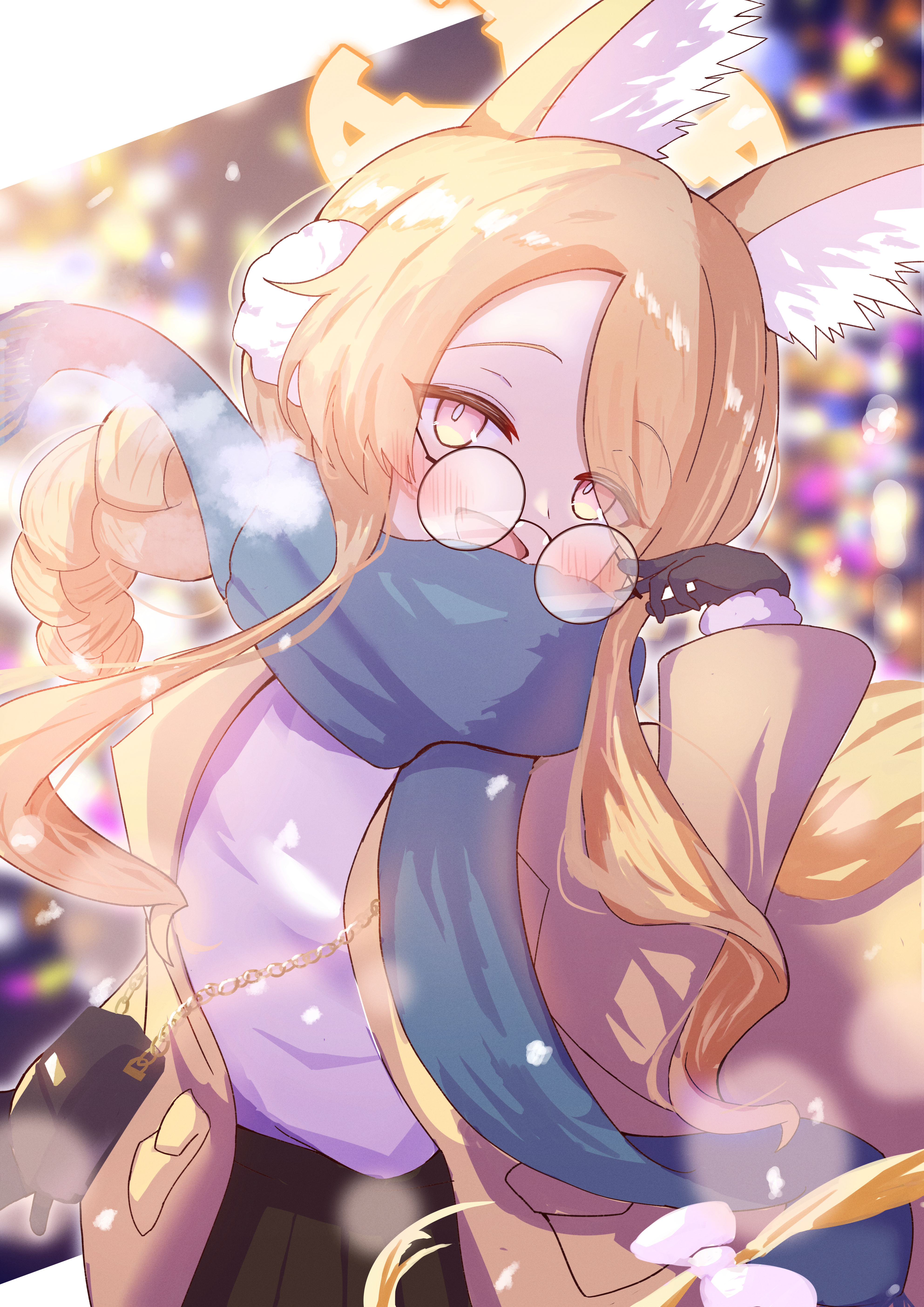 seia (blue archive), blue archive, absurdres, commentary request, highres, 1girl, animal ear fluff, bespectacled, black gloves, blonde hair, blue scarf, blush, bow, braid, eyes visible through hair, fox girl, fox tail, glasses, gloves, h1a0t6, hair bow, hair over one eye, halo, jacket, long hair, long sleeves, looking at viewer, open mouth, pink eyes, scarf, shirt, smile, solo, tail, white bow, white shirt, yellow halo, yellow jacket