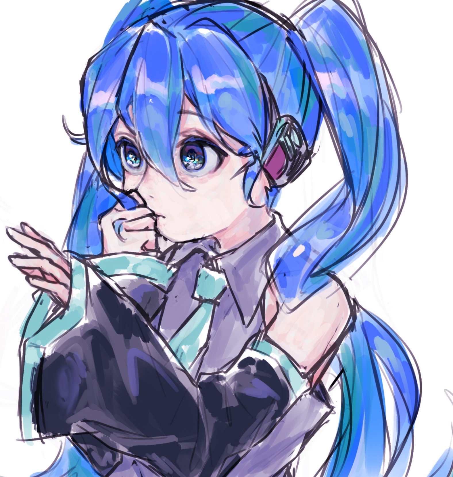 okubatomaeba, hatsune miku, vocaloid, commentary request, highres, 1girl, aqua necktie, bare shoulders, black sleeves, blue eyes, blue hair, closed mouth, detached sleeves, double-parted bangs, grey shirt, hair between eyes, hands up, long hair, long sleeves, looking ahead, necktie, shirt, simple background, sketch, sleeveless, sleeveless shirt, solo, twintails, upper body, white background