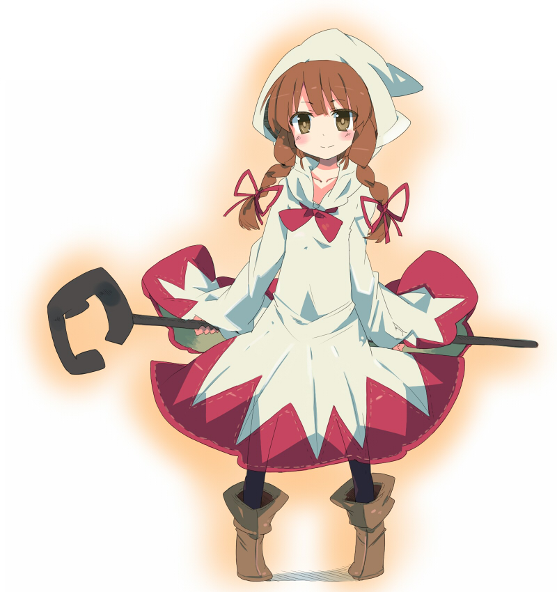 kanikama, white mage (fft), white mage (final fantasy), final fantasy, final fantasy tactics, white mage, 1girl, boots, braid, brown eyes, brown hair, female focus, flat chest, full body, gradient background, hair ribbon, long hair, pantyhose, ribbon, smile, solo, staff, white background