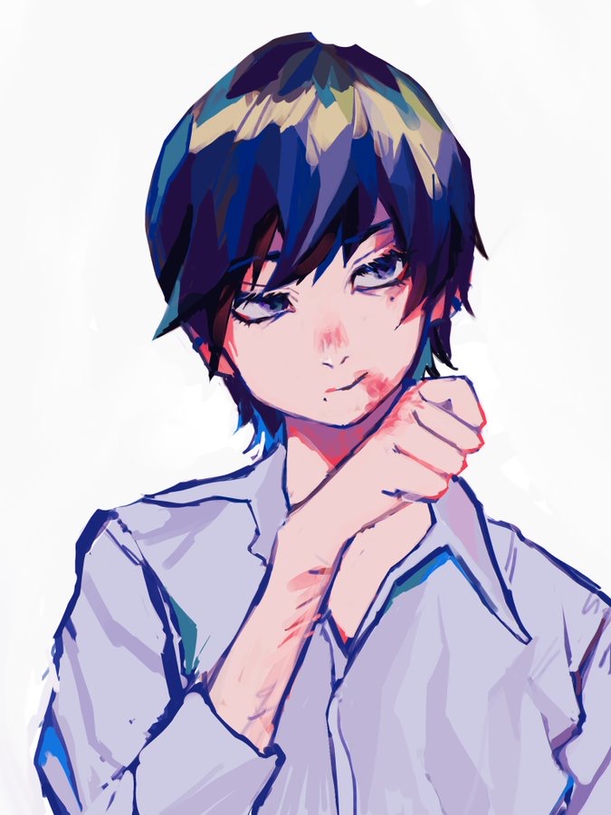 okubatomaeba, original, commentary request, 1boy, blue eyes, blue hair, bruise, bruise on arm, bruise on face, bruise on hand, closed mouth, facing viewer, grey shirt, hand up, injury, looking to the side, male focus, mole, mole under eye, mole under mouth, shirt, short hair, simple background, sketch, solo, swept bangs, upper body, white background