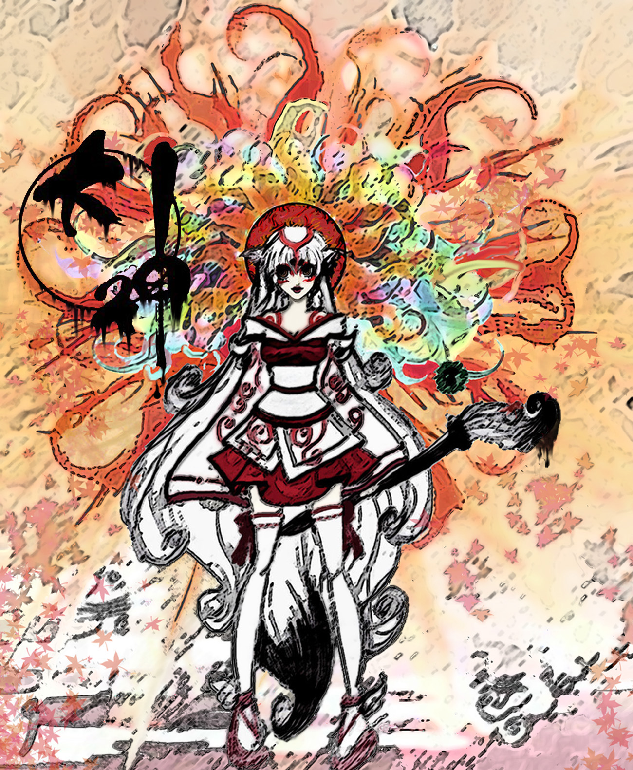 amaterasu (ookami), issun, ookami (game), highres, animal ears, bodypaint, brown eyes, geta, japanese clothes, kimono, kimono skirt, leaf, long hair, magic, short kimono, sun, thighhighs, very long hair, white hair, white thighhighs, wolf ears