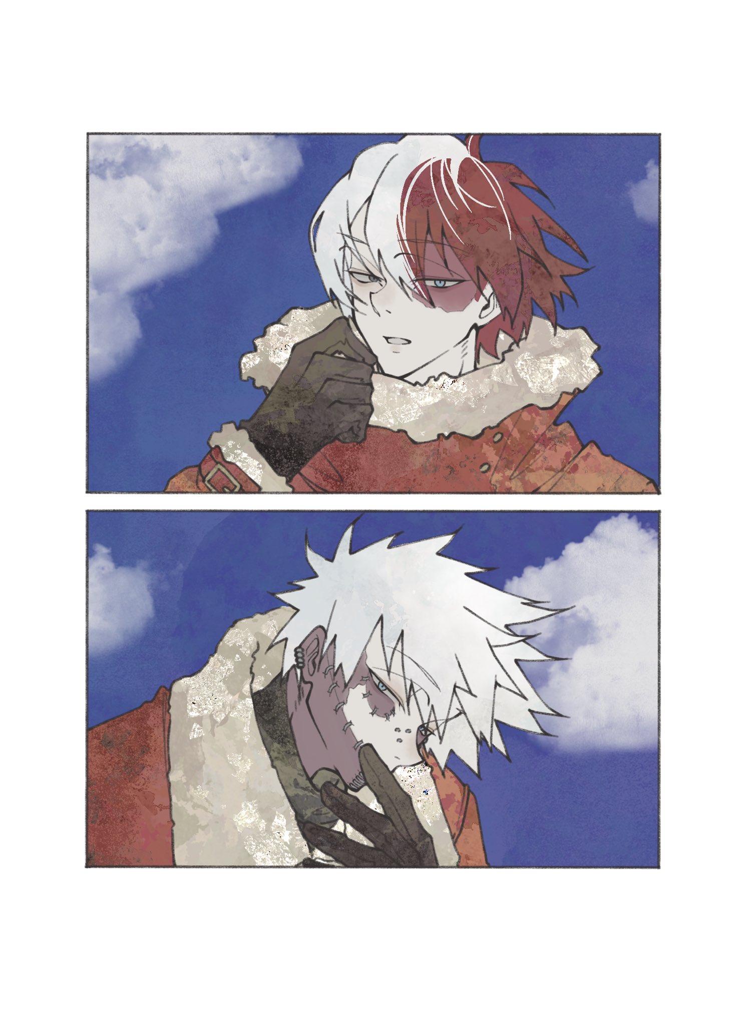 dabi (boku no hero academia), todoroki shoto, todoroki touya, boku no hero academia, highres, 2boys, adjusting clothes, black gloves, blue eyes, blue sky, border, brothers, cloud, cloudy sky, coat, colored skin, earrings, face piercing, fur-trimmed coat, fur trim, gloves, grey eyes, hair between eyes, heterochromia, jewelry, lyuuuuqq13, male focus, multicolored hair, multicolored skin, multiple boys, multiple earrings, parted lips, piercing, red coat, red hair, scar, scar across eye, scar on face, short hair, siblings, sky, spiked hair, stitched face, stitches, two-tone hair, two-tone skin, upper body, white border, white hair