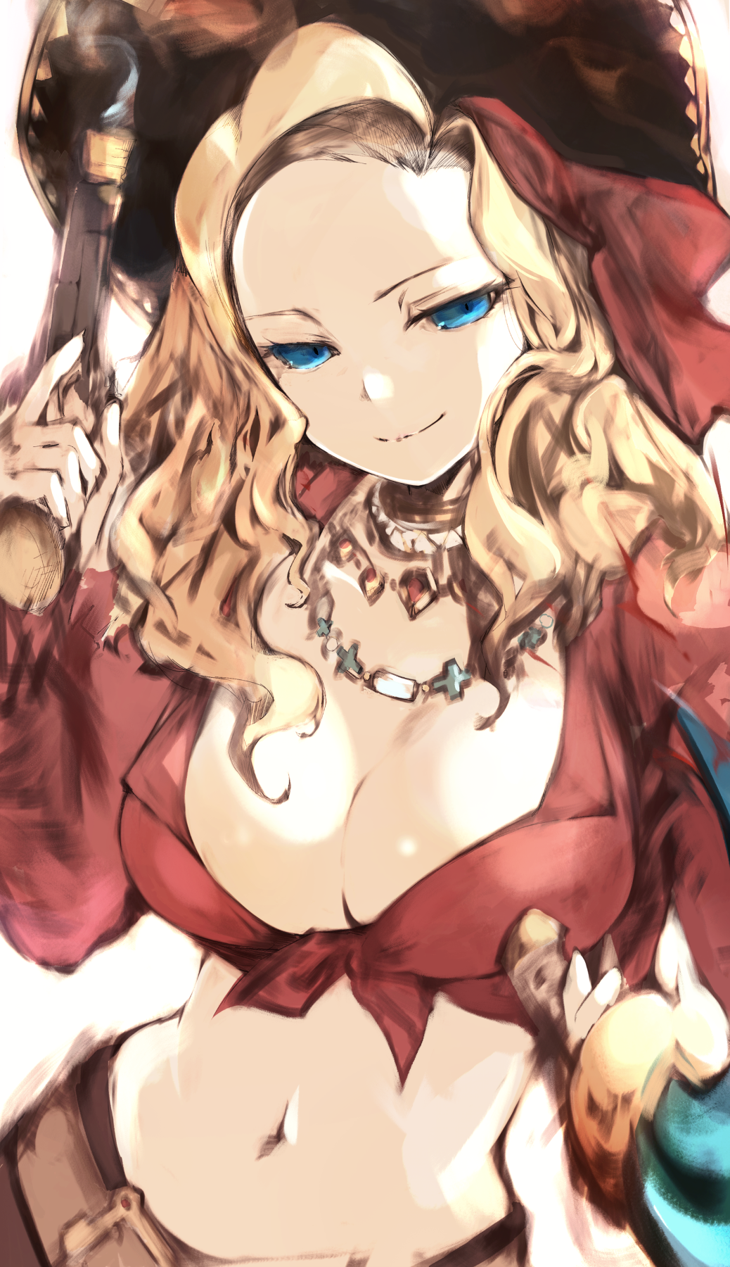 tsutsugano, pirate (sekaiju), pirate 2 (sekaiju), etrian odyssey, sekaiju no meikyuu, sekaiju no meikyuu 3, highres, 1girl, blonde hair, blue eyes, breasts, cleavage, gun, hat, holding, holding gun, holding weapon, large breasts, long hair, midriff, navel, pirate hat, solo, weapon