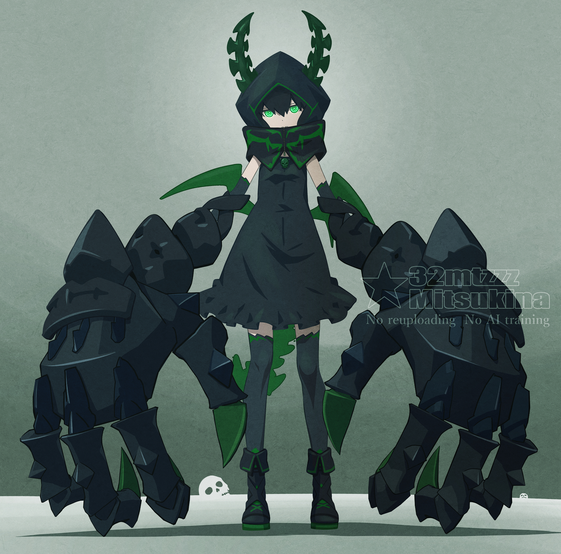 32zzz, dead master, strength (black rock shooter), black rock shooter, commentary, highres, 1girl, artist name, black boots, black dress, black hair, black hood, black thighhighs, boots, bright pupils, closed mouth, dot nose, dress, fold-over boots, full body, fusion, green eyes, hair between eyes, hood, hood up, horns, looking at viewer, mechanical arms, skull, solo, standing, thighhighs, white pupils