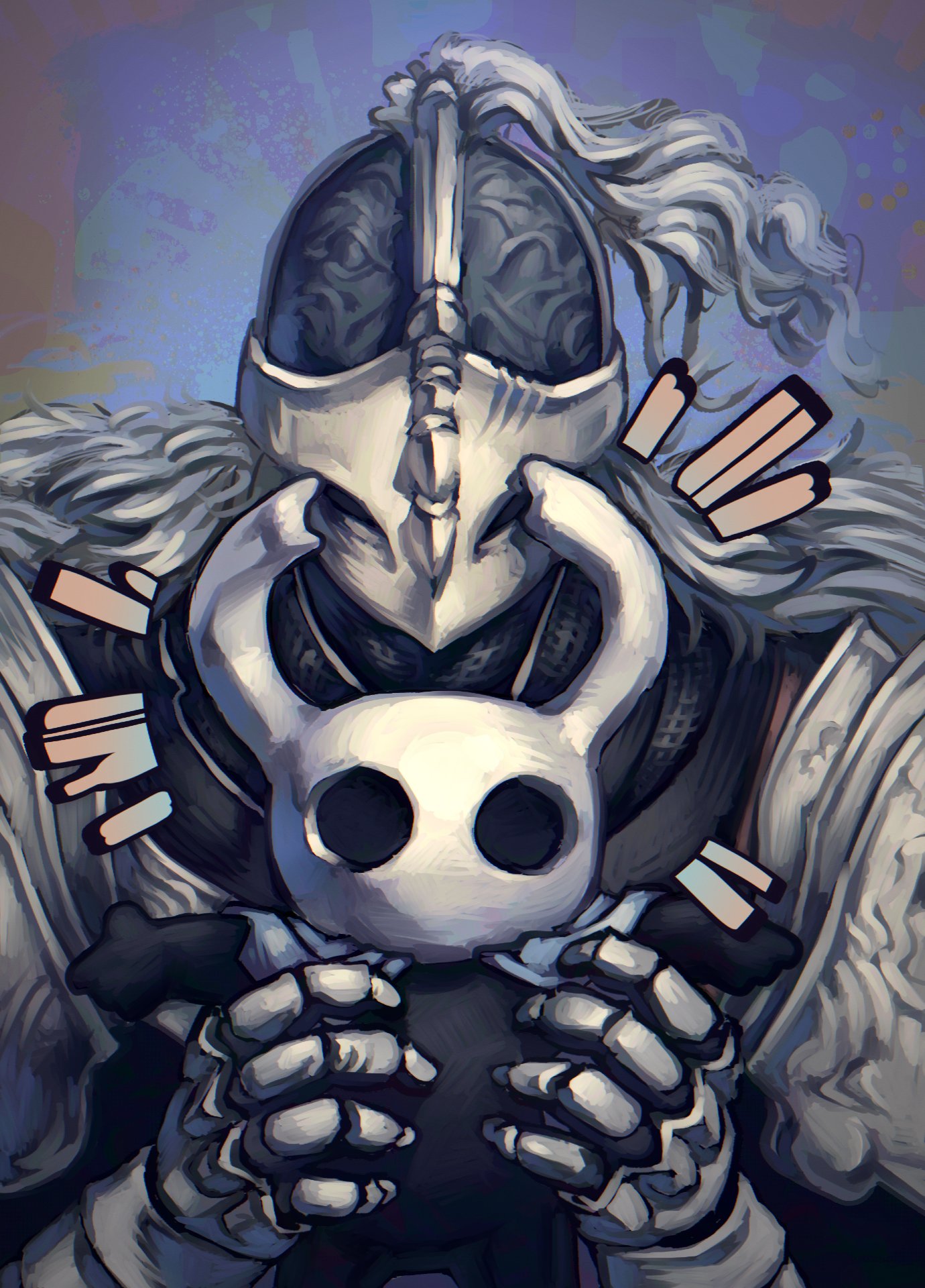 mememellowa, knight (hollow knight), tarnished (elden ring), elden ring, hollow knight, highres, 1other, animal, armor, black eyes, black skin, cloak, colored skin, cracked mask, floating, full armor, full body, gauntlets, grey cloak, helmet, holding, holding animal, hollow eyes, horned mask, horns, looking at viewer, mask, pauldrons, shoulder armor, white mask