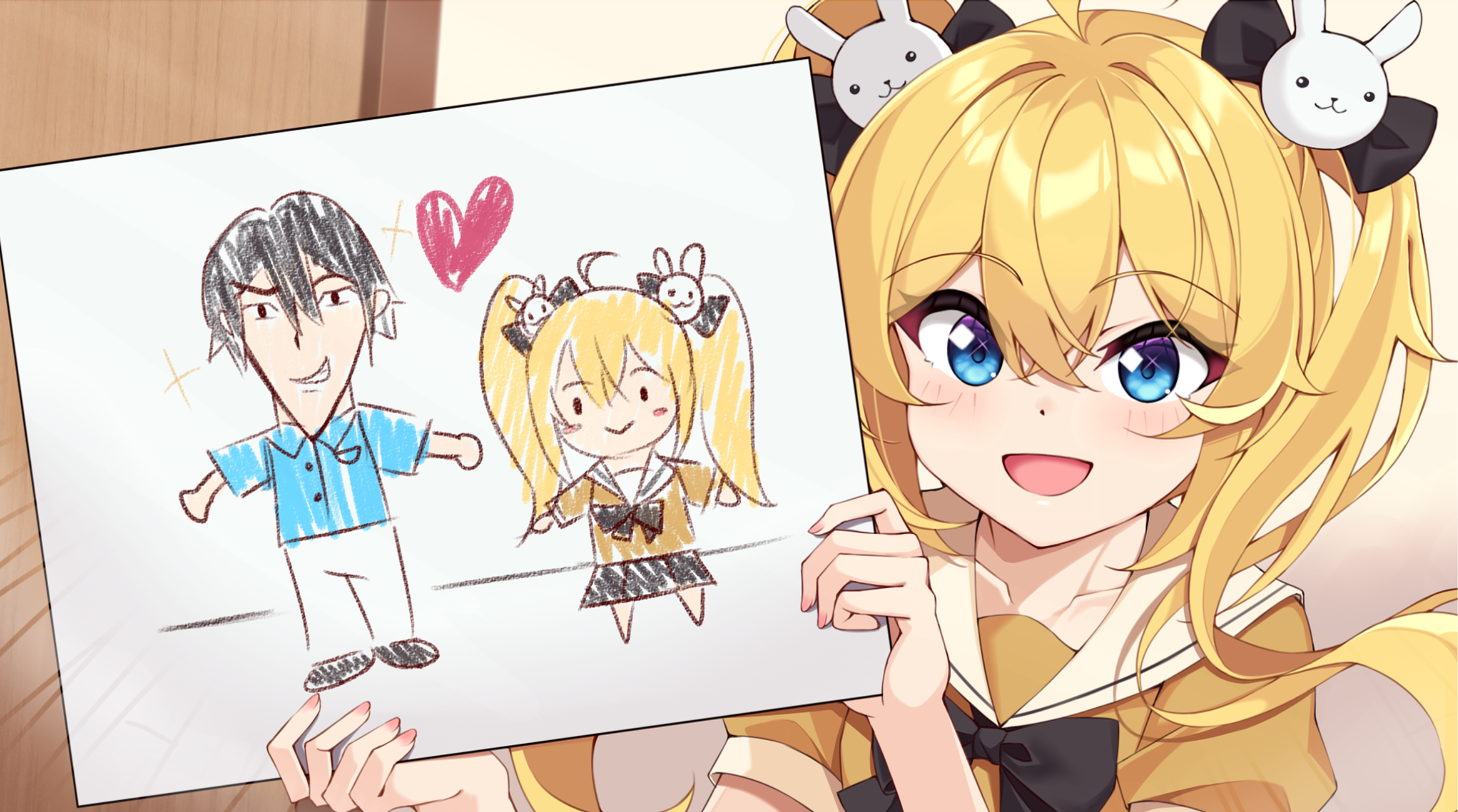 ray (rays 26), kusaka yuno, re:fragment ~absolute ambition~, absurdres, bilingual commentary, commentary request, game cg, highres, mixed-language commentary, official art, promotional art, 1girl, :d, ahoge, black bow, blonde hair, blue eyes, blush, blush stickers, bow, collarbone, crossed bangs, doodle inset, double-parted bangs, drawing (object), fingernails, floating hair, hair between eyes, hair bow, hair ornament, heart, holding, holding sign, indoors, long hair, open mouth, orange shirt, puffy short sleeves, puffy sleeves, rabbit hair ornament, sailor collar, school uniform, serafuku, shirt, short sleeves, sign, smile, smug, solo, sparkle, sparkling eyes, thai commentary, twintails, upper body, white sailor collar