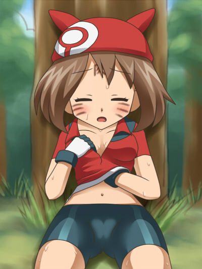 awa, may (pokemon), nintendo, pokemon, 1girl, bandana, bike shorts, blush, bodypaint, breasts, brown hair, closed eyes, clothes lift, facial mark, female focus, forehead mark, forest, lifting own clothes, medium breasts, nature, on grass, outdoors, shirt, shirt lift, sitting, solo, sweat, t-shirt, tree, whisker markings