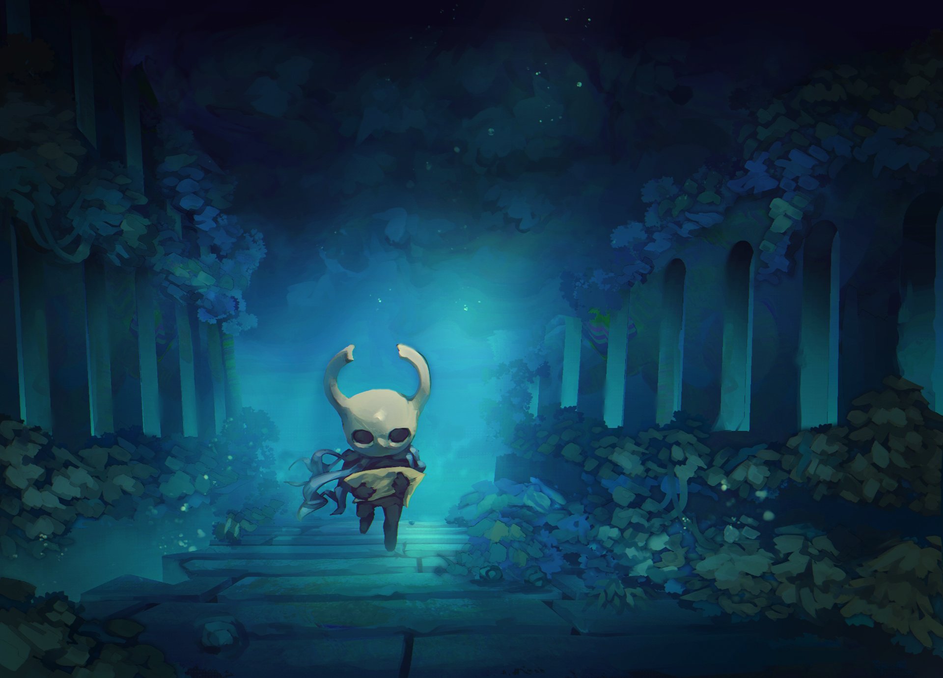 mememellowa, knight (hollow knight), hollow knight, highres, 1other, black eyes, black skin, cloak, colored skin, full body, grey cloak, holding, holding map, hollow eyes, horned mask, horns, map, mask, nature, night, outdoors, stone walkway, walking, white mask