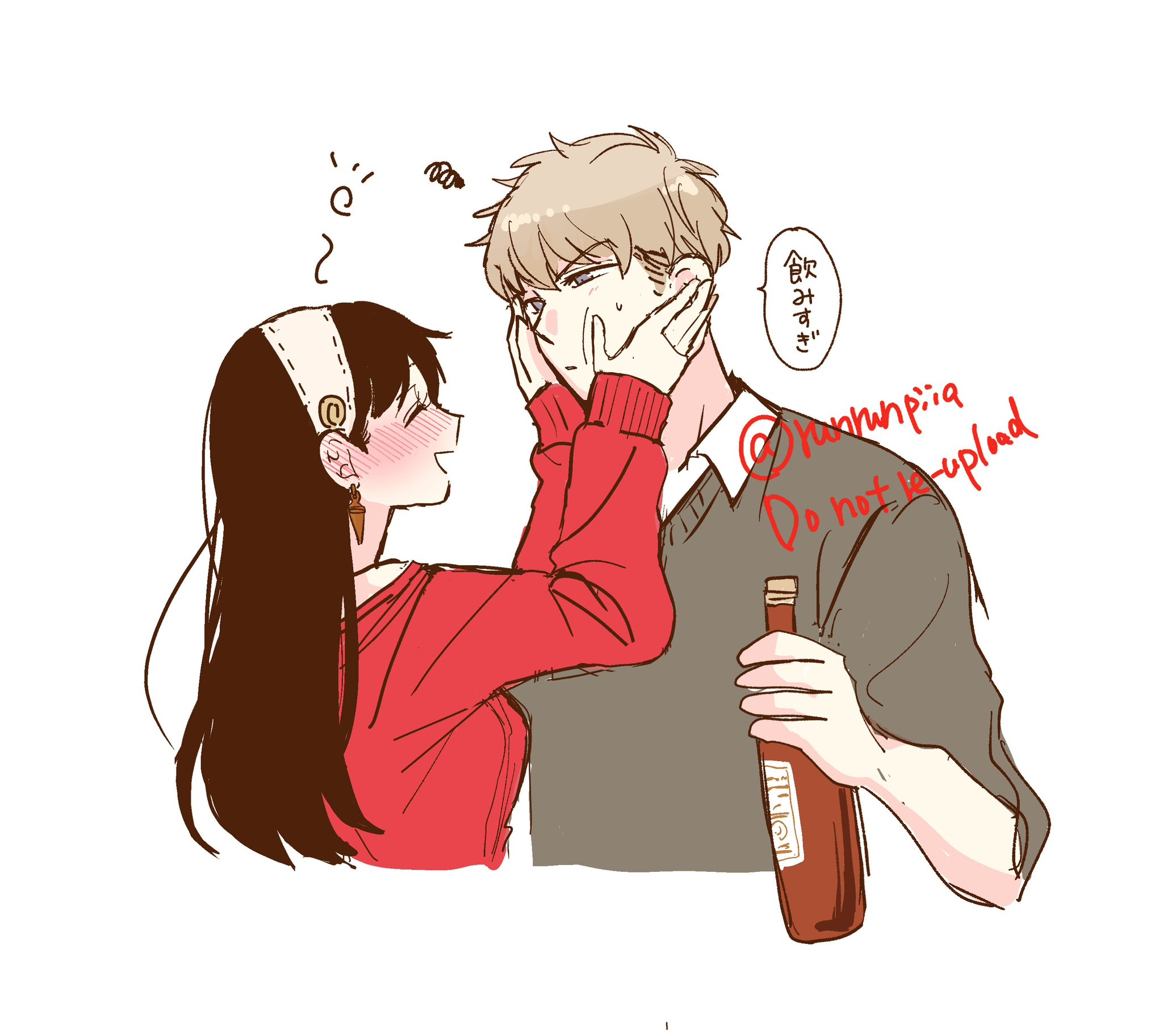 tori (runrunpiia), twilight (spy x family), yor briar, spy x family, highres, 1boy, 1girl, black hair, blonde hair, blush, bottle, breasts, closed eyes, collared shirt, cropped torso, dress, drunk, earrings, furrowed brow, gold earrings, grey sweater, hair between eyes, hairband, hands on another's cheeks, hands on another's face, holding, holding bottle, jewelry, long hair, looking at another, medium breasts, off-shoulder dress, off-shoulder sweater, off shoulder, open mouth, red dress, shirt, shirt under sweater, short hair, smile, squiggle, sweatdrop, sweater, sweater dress, twitter username, white background, white hairband, white shirt, wine bottle