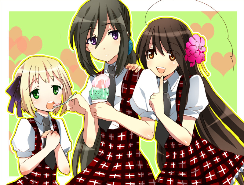 liechtenstein (hetalia), taiwan (hetalia), vietnam (hetalia), axis powers hetalia, eyebrows, 00s, 3girls, ahoge, black hair, blonde hair, bob cut, brown eyes, brown hair, flower, food, green eyes, hair flower, hair ornament, hair ribbon, ice cream, multiple girls, ponytail, purple eyes, ribbon, spoon